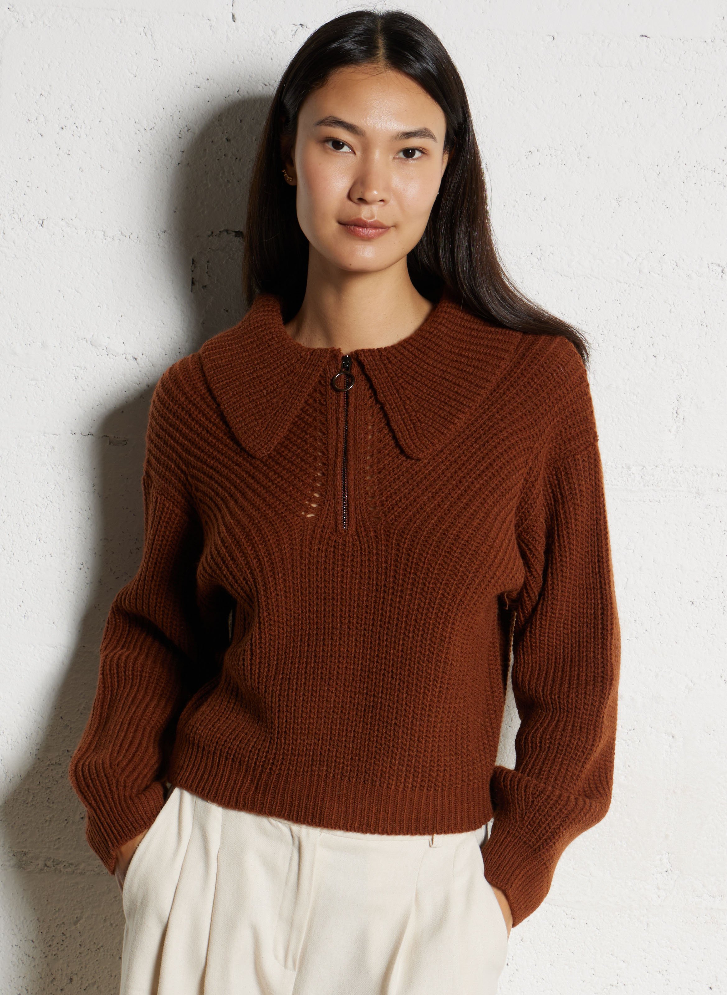 Pull oversize col classique en laine mélangée TINSELS Marron