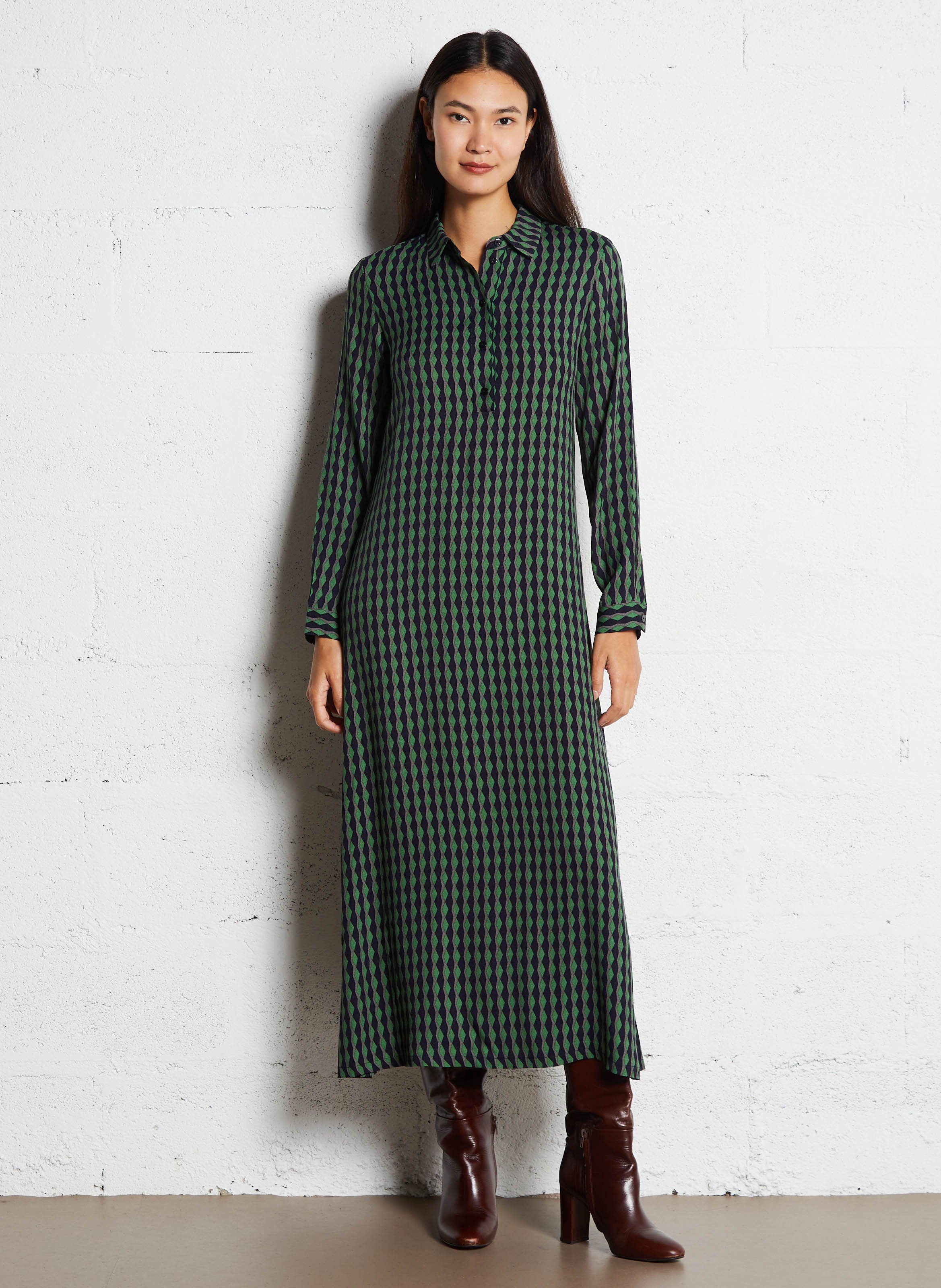 Long dress with classic collar and print NICE THINGS Green