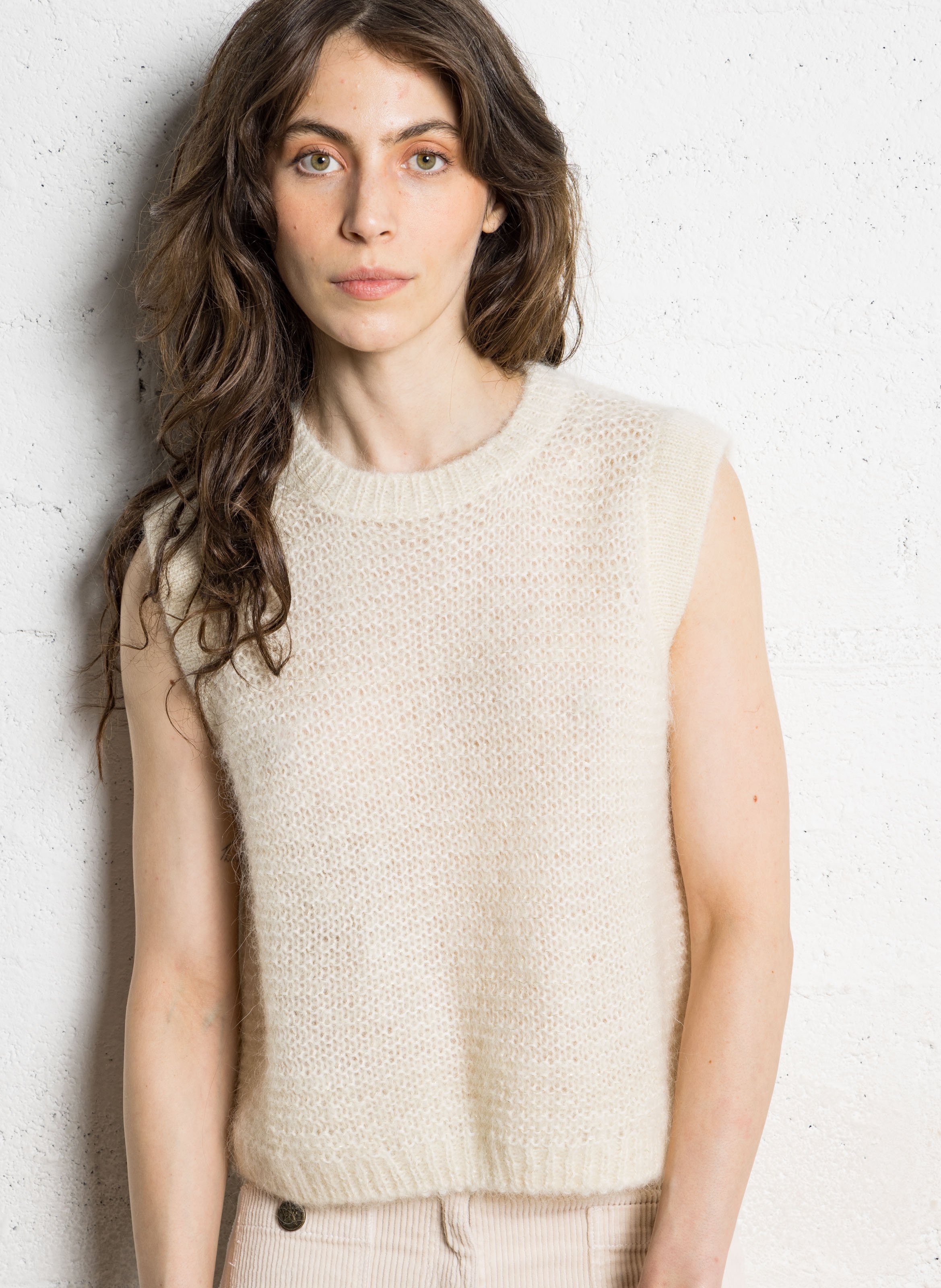 Pull sans manches col rond en maille métallisée SUD EXPRESS Blanc