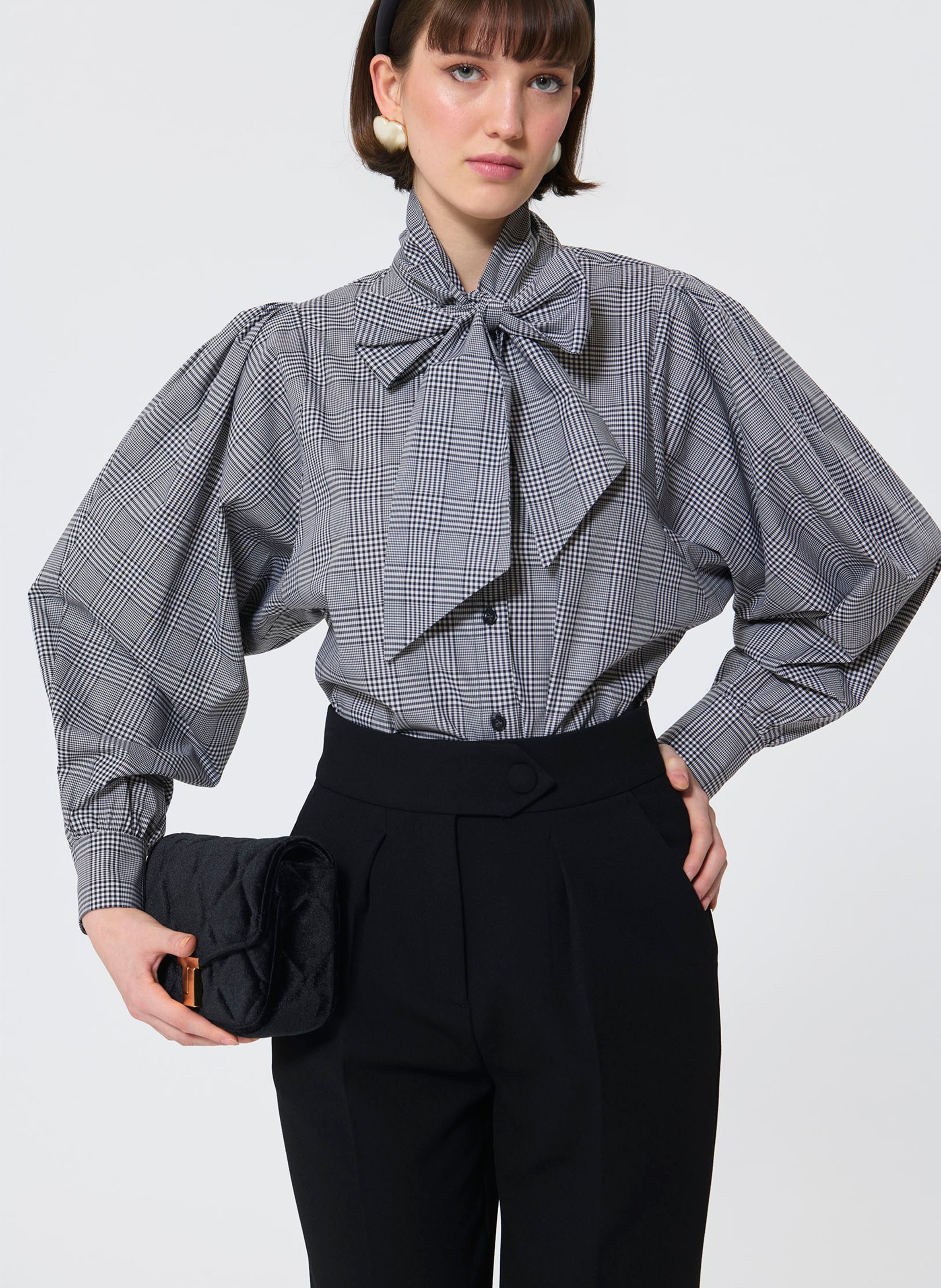 Check shirt with pussy-bow collar TARA JARMON Black