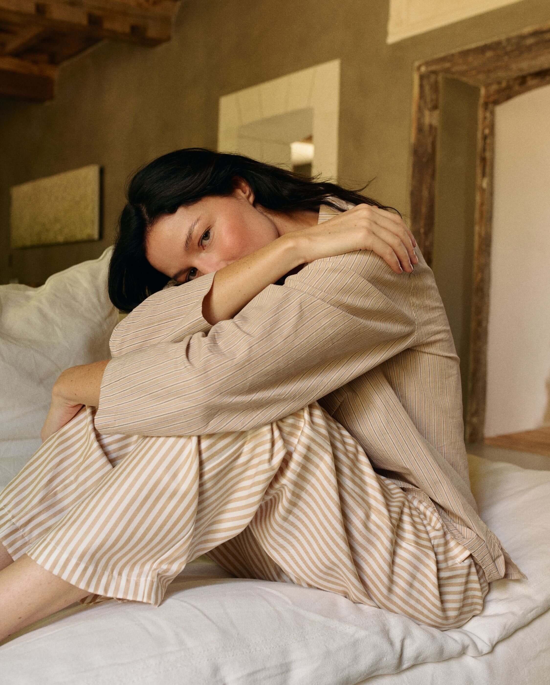 Women's Tencel pants, latte stripes ANGARDE Brown