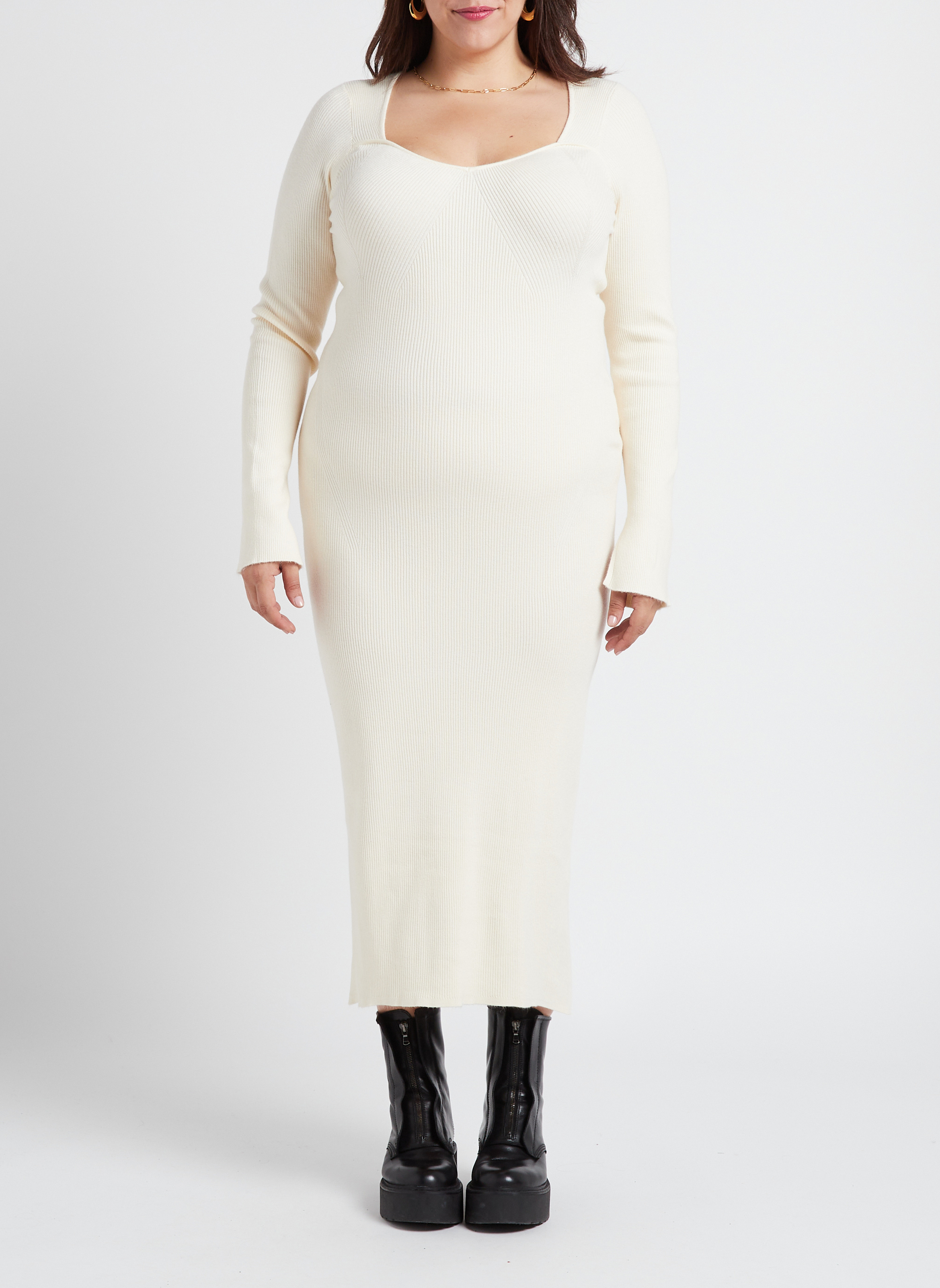 Robe longue col rond en maille côtelée  GINA TRICOT Blanc