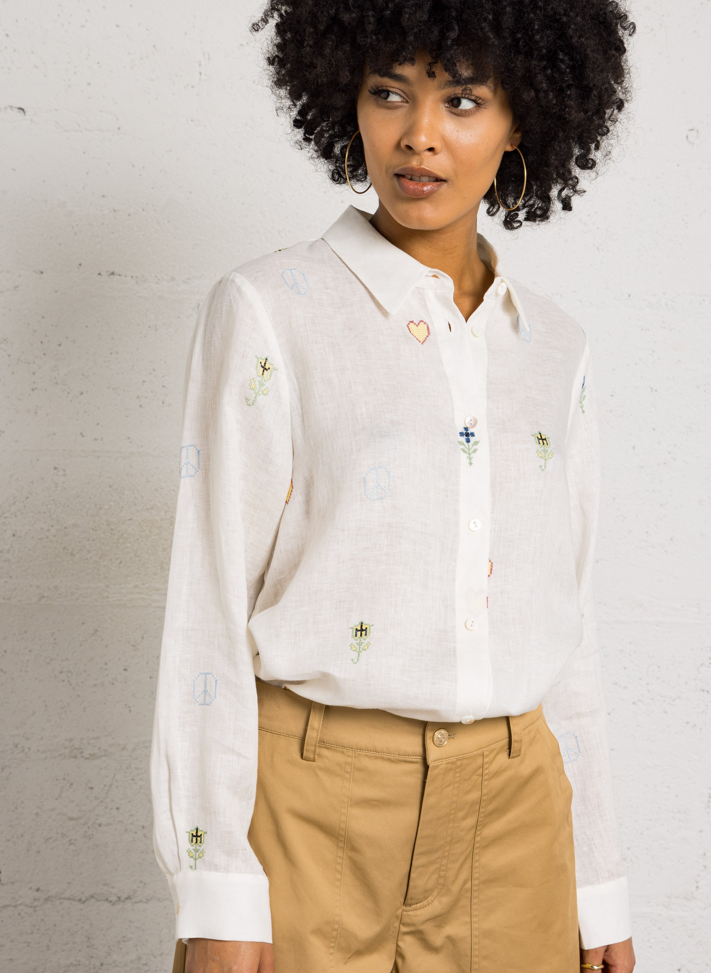 Checked linen shirt with classic collar BERENICE White