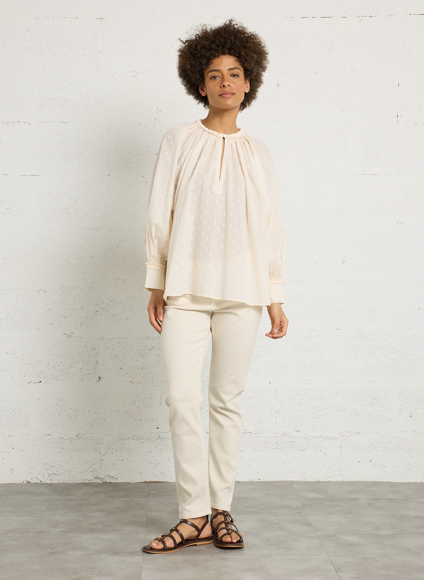 Blouse oversize col rond en coton  BELLEPIECE Beige