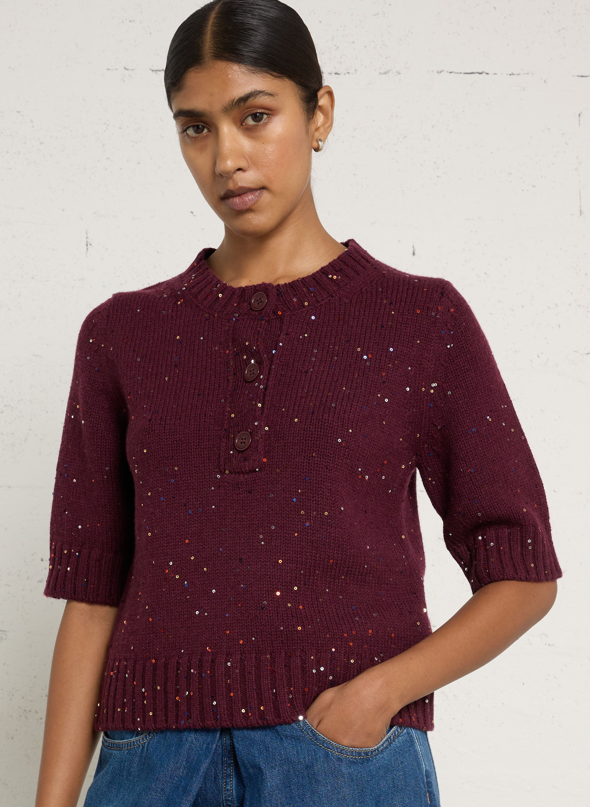 Pull manches courtes à sequins en laine BERENICE