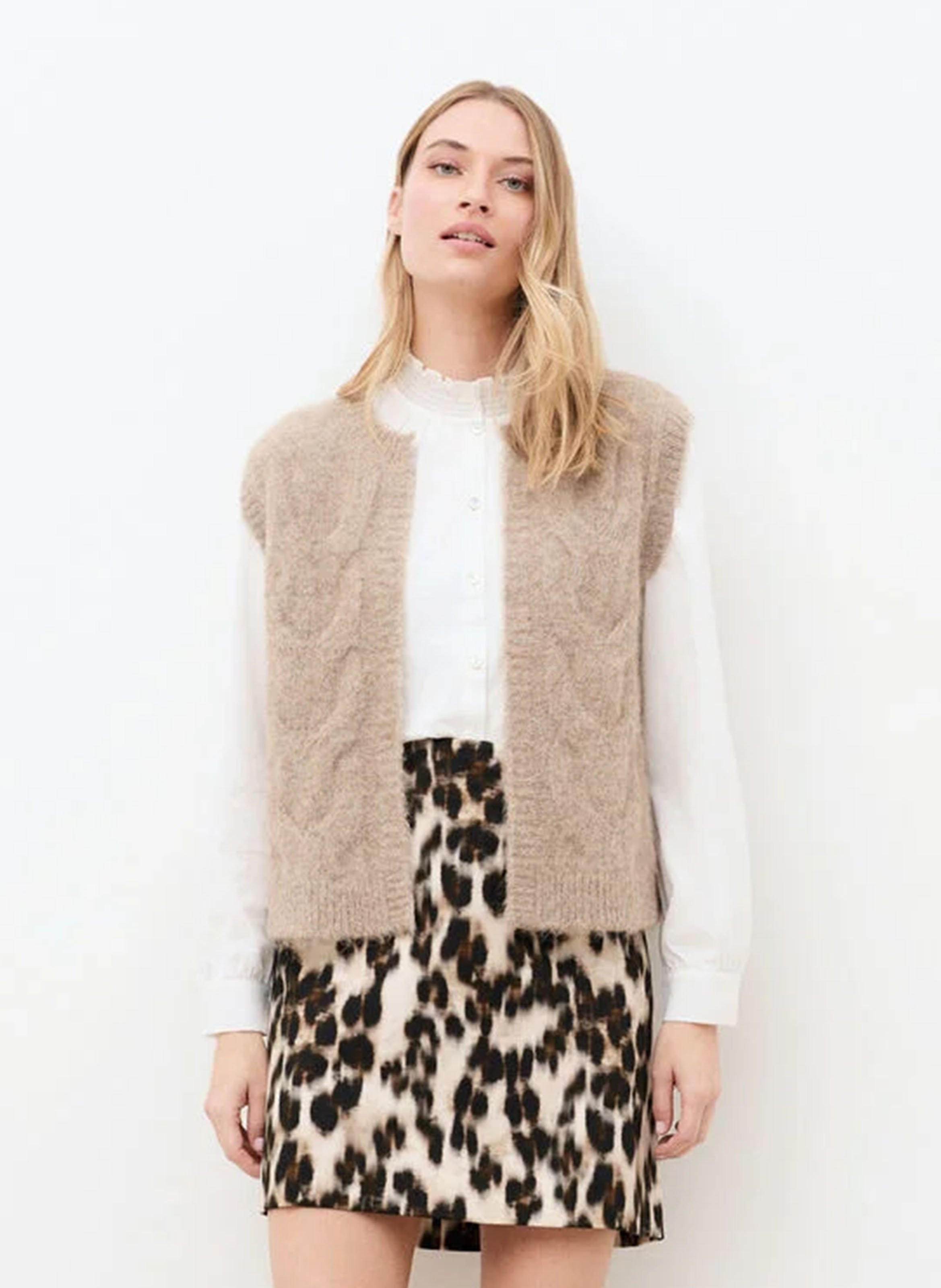 Gilet col rond en laine mélangée CAROLL Marron
