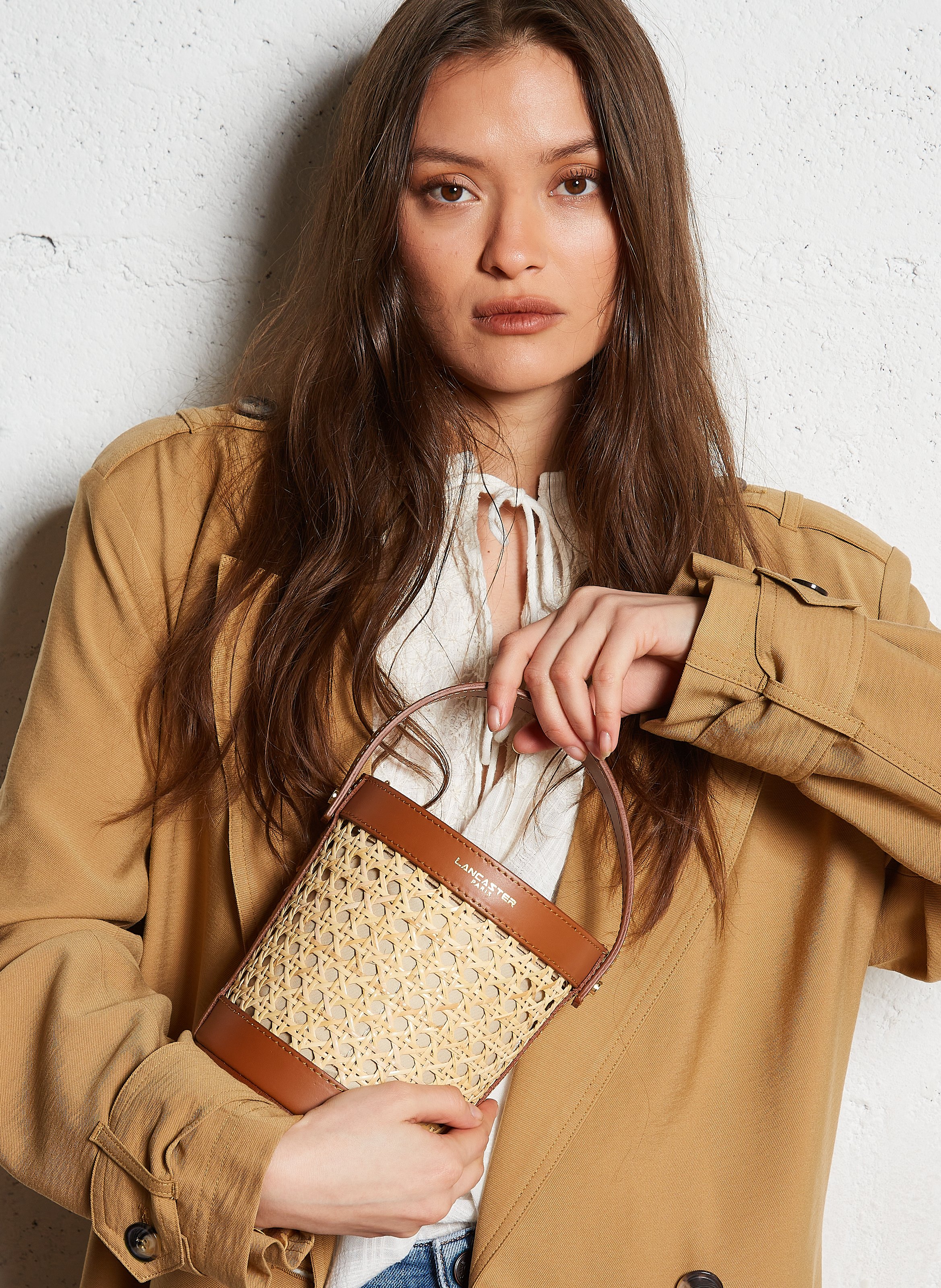 Sac seau en rotin et cuir Marron