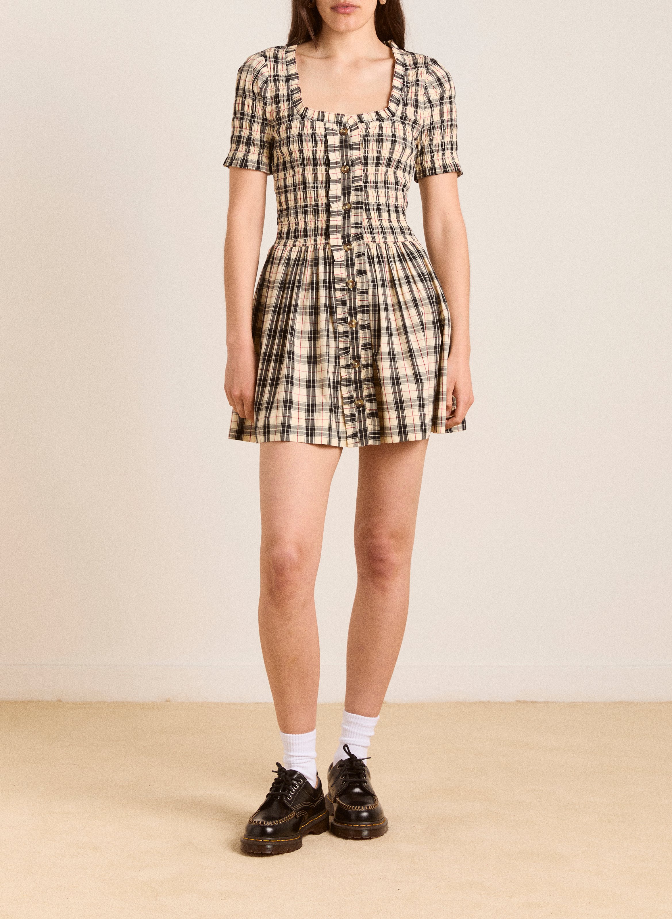 Fitted short dress with square neckline in organic cotton DAMSON MADDER Yellow