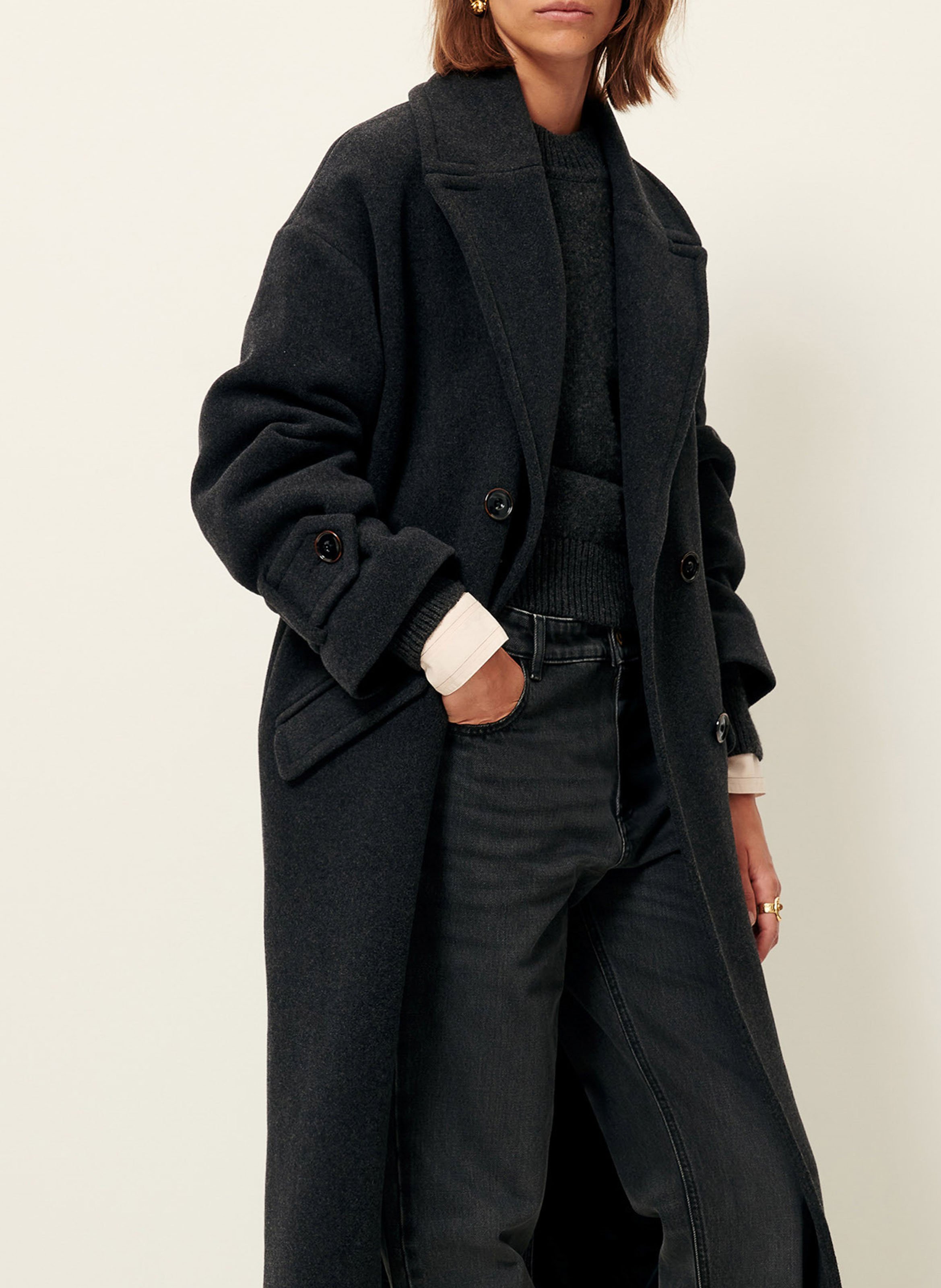 Straight-cut wool-blend coat with tailored collar SESSUN Grey