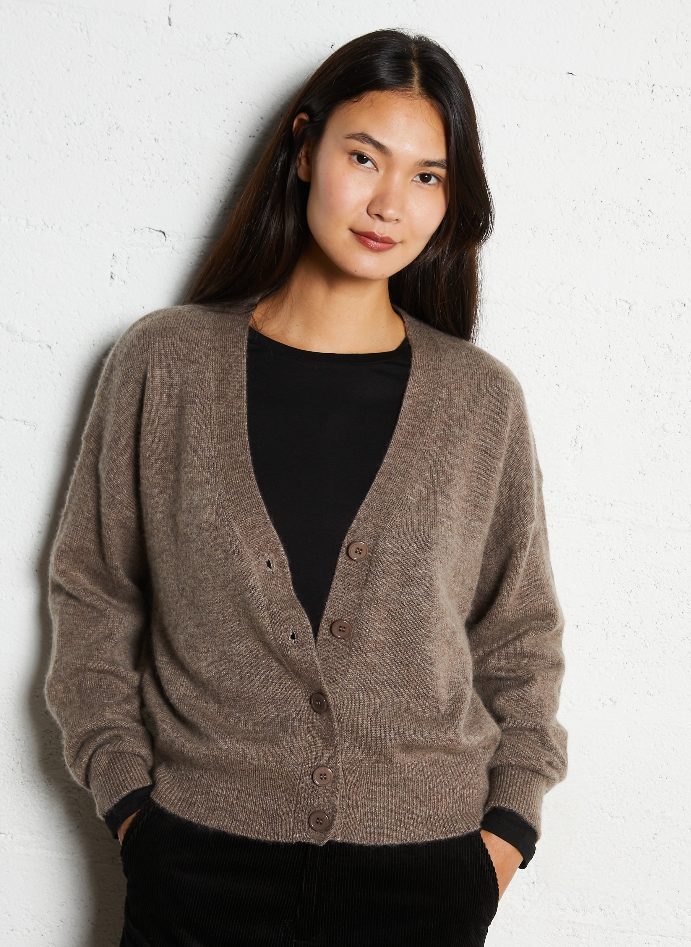 Gilet ample col V en laine, soie et cachemire MAJESTIC FILATURES Beige