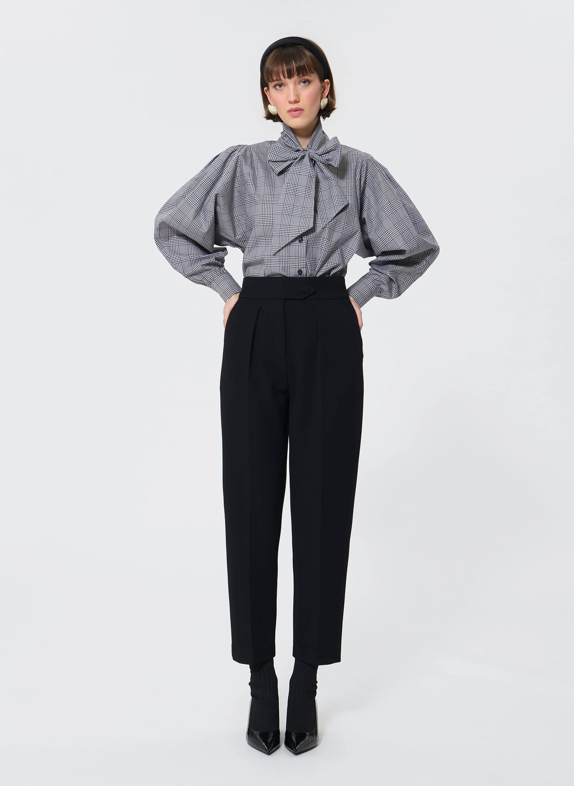 Check shirt with pussy-bow collar TARA JARMON Black