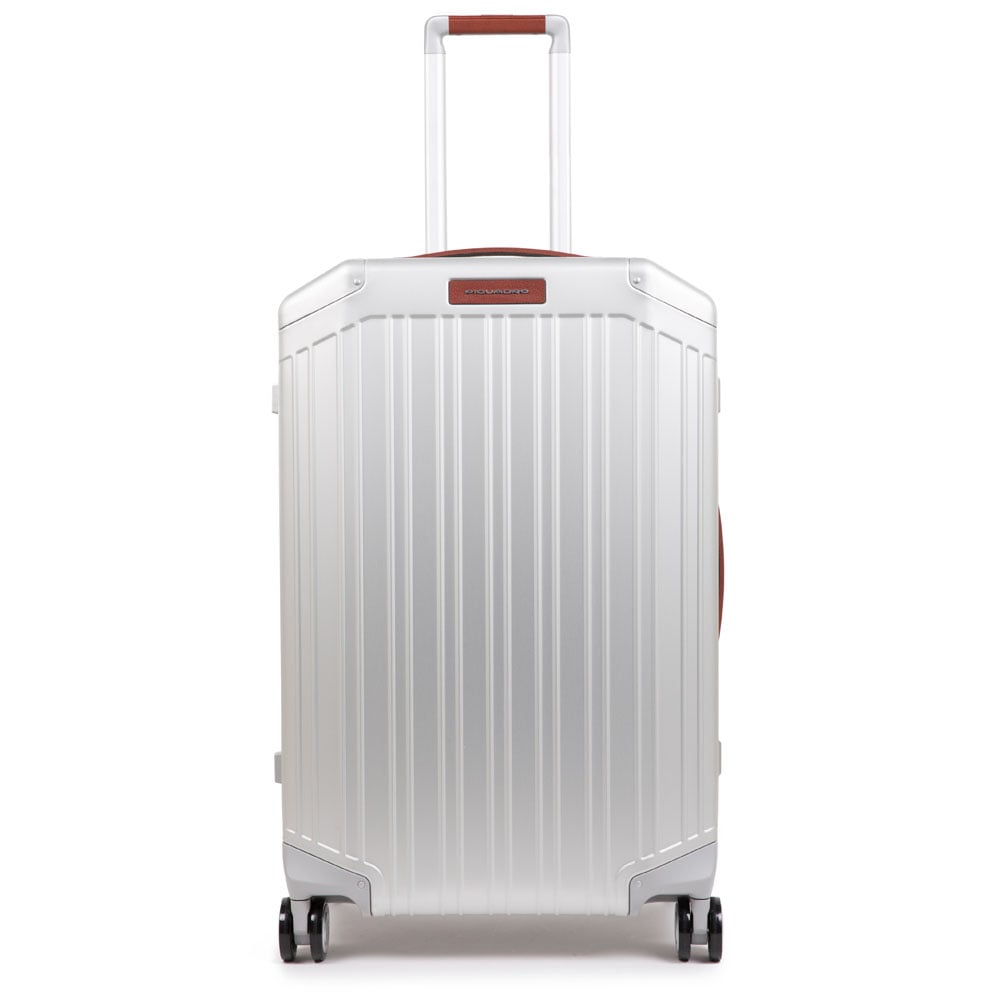 Medium 4-wheel trolley suitcase in aluminum and leather with TSA lock PIQUADRO Grey