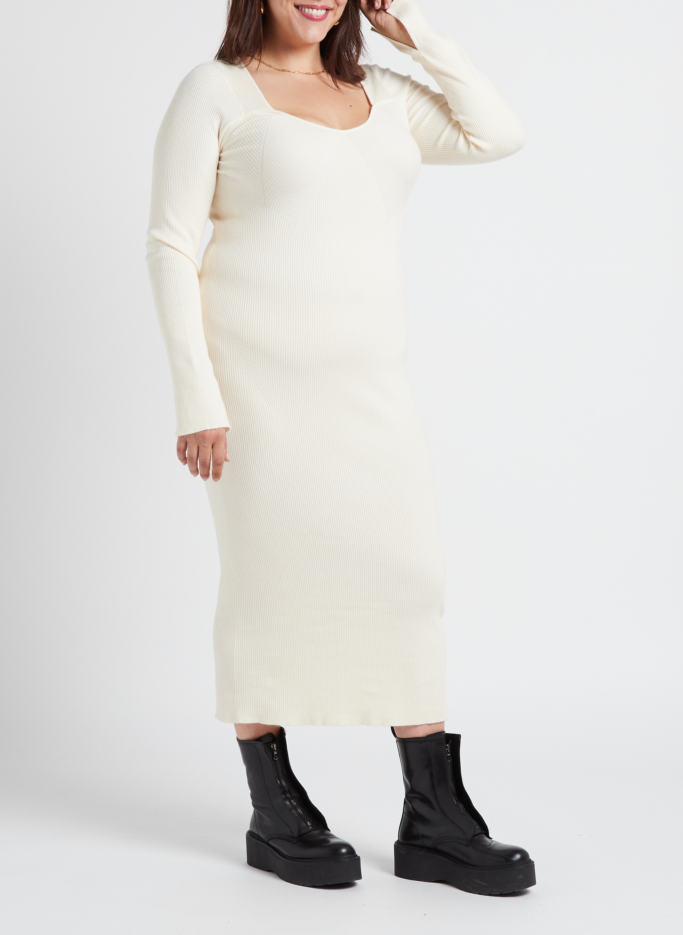 Robe longue col rond en maille côtelée  GINA TRICOT Blanc