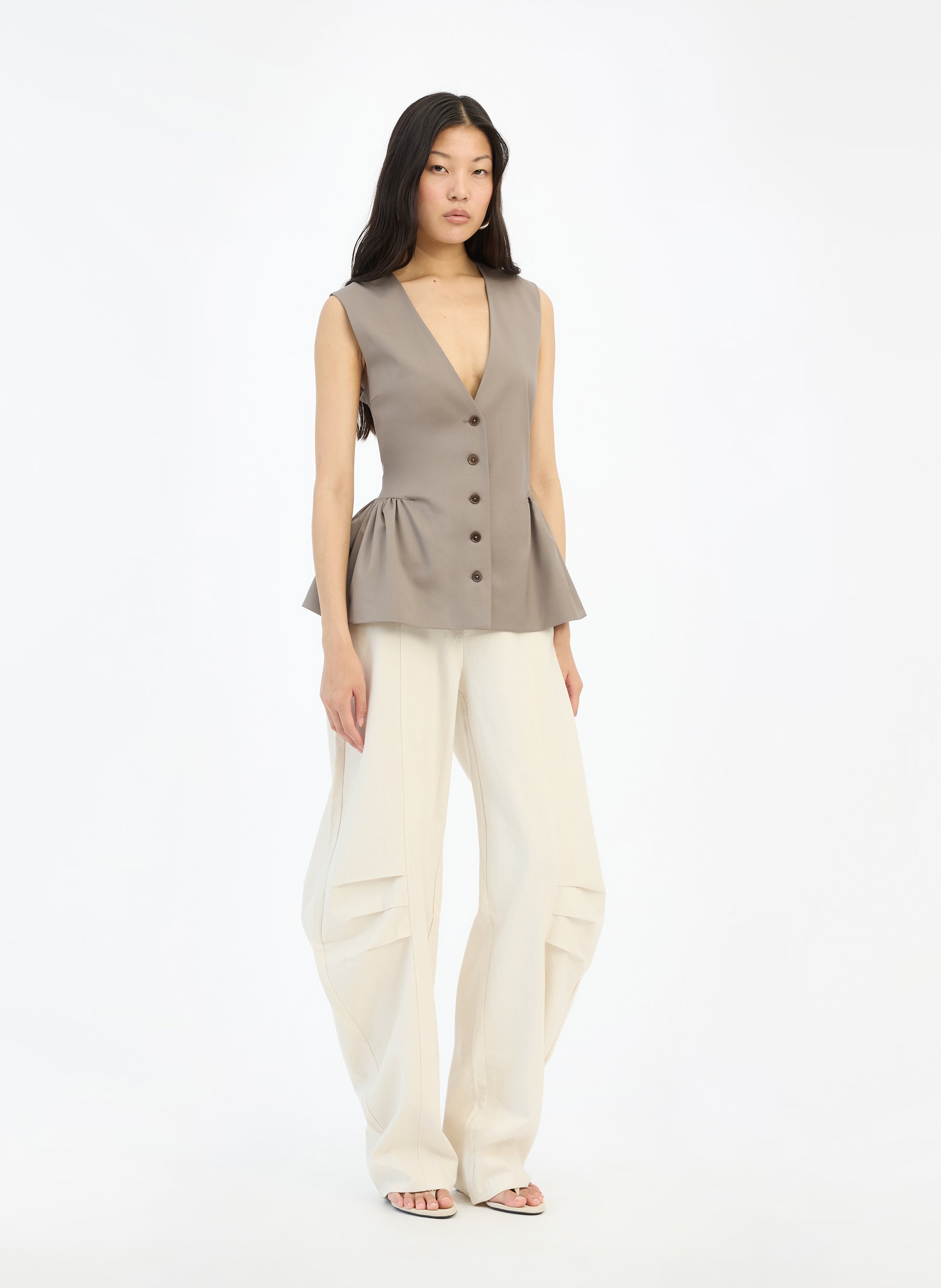 Top sans manches froncé uni ROTATE Beige