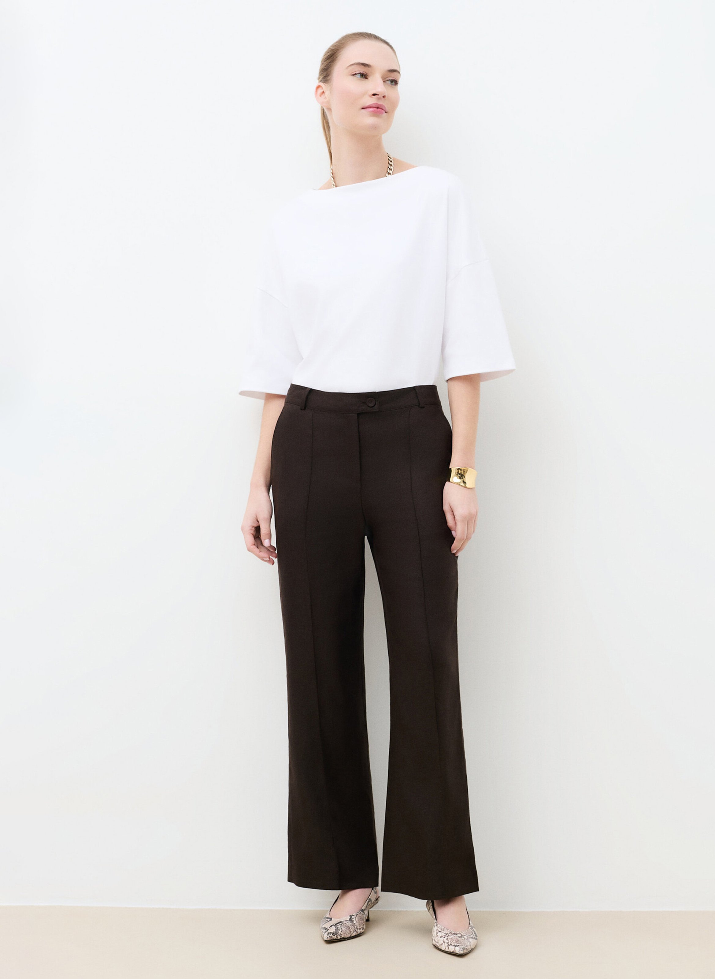 High-waisted bootcut linen pants CAROLL Brown
