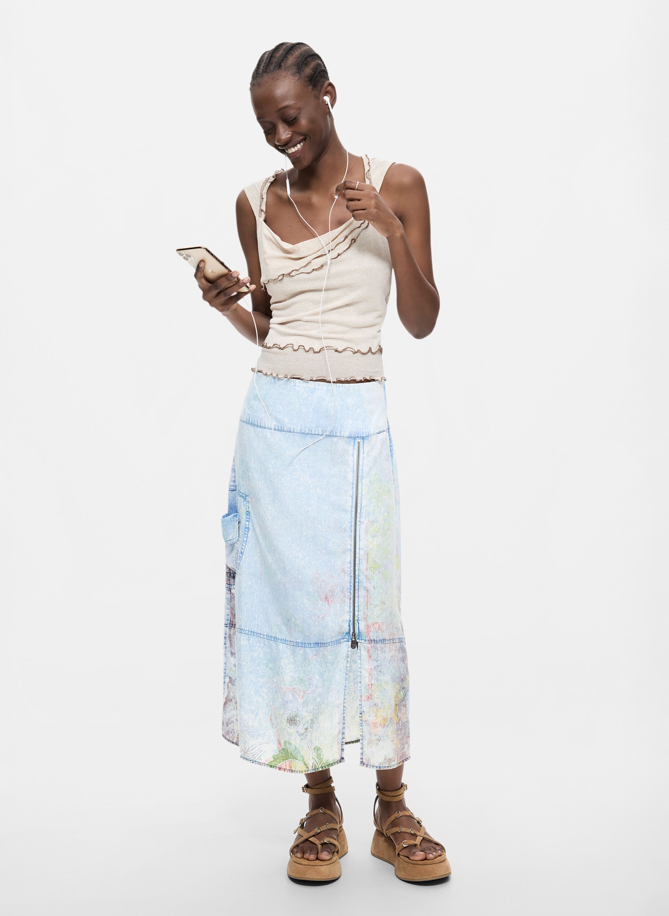 Jupe midi en denim DESIGUAL Bleu