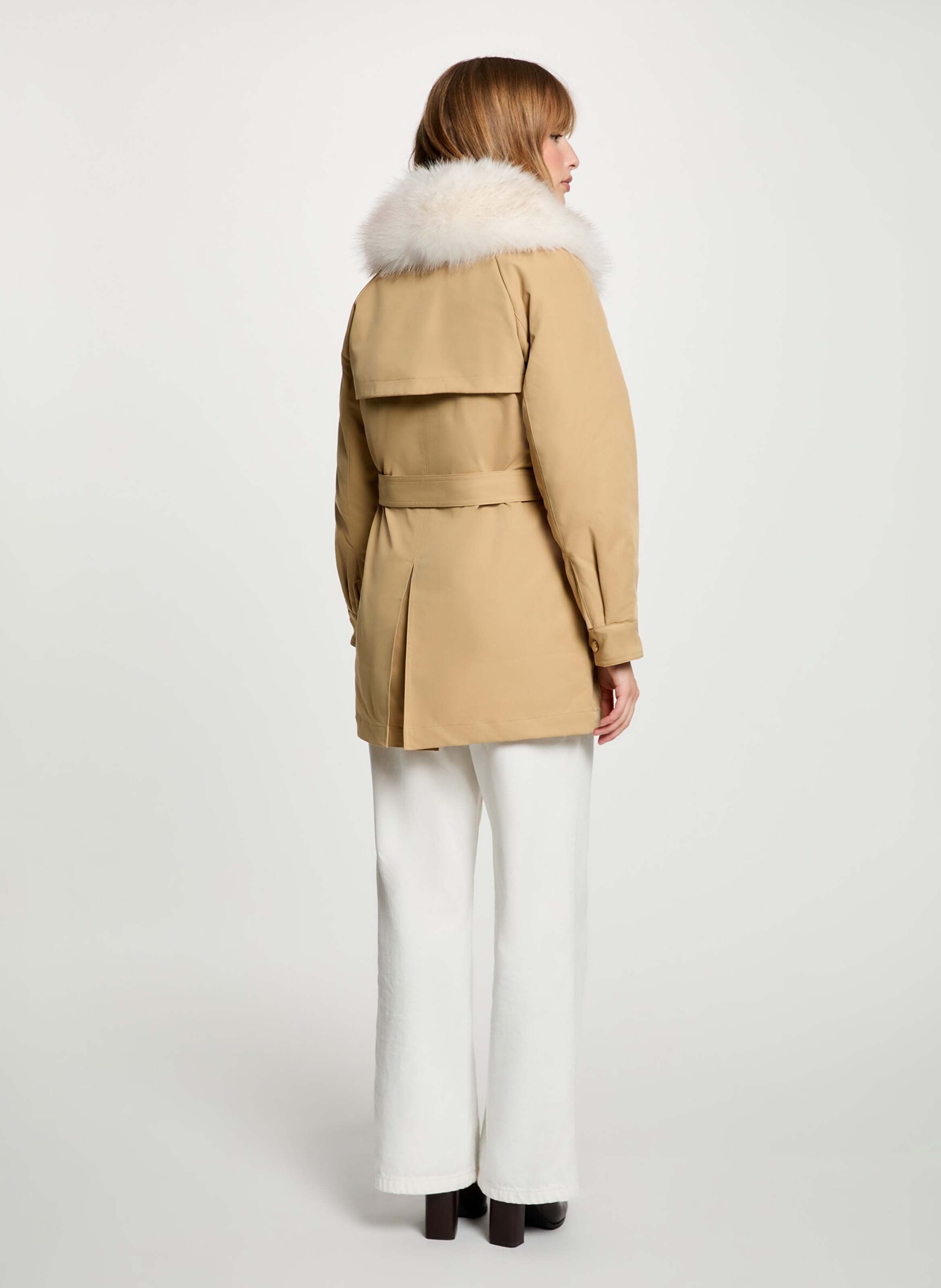 Parka droite ceinturée à col effet fourrure MORGAN Beige