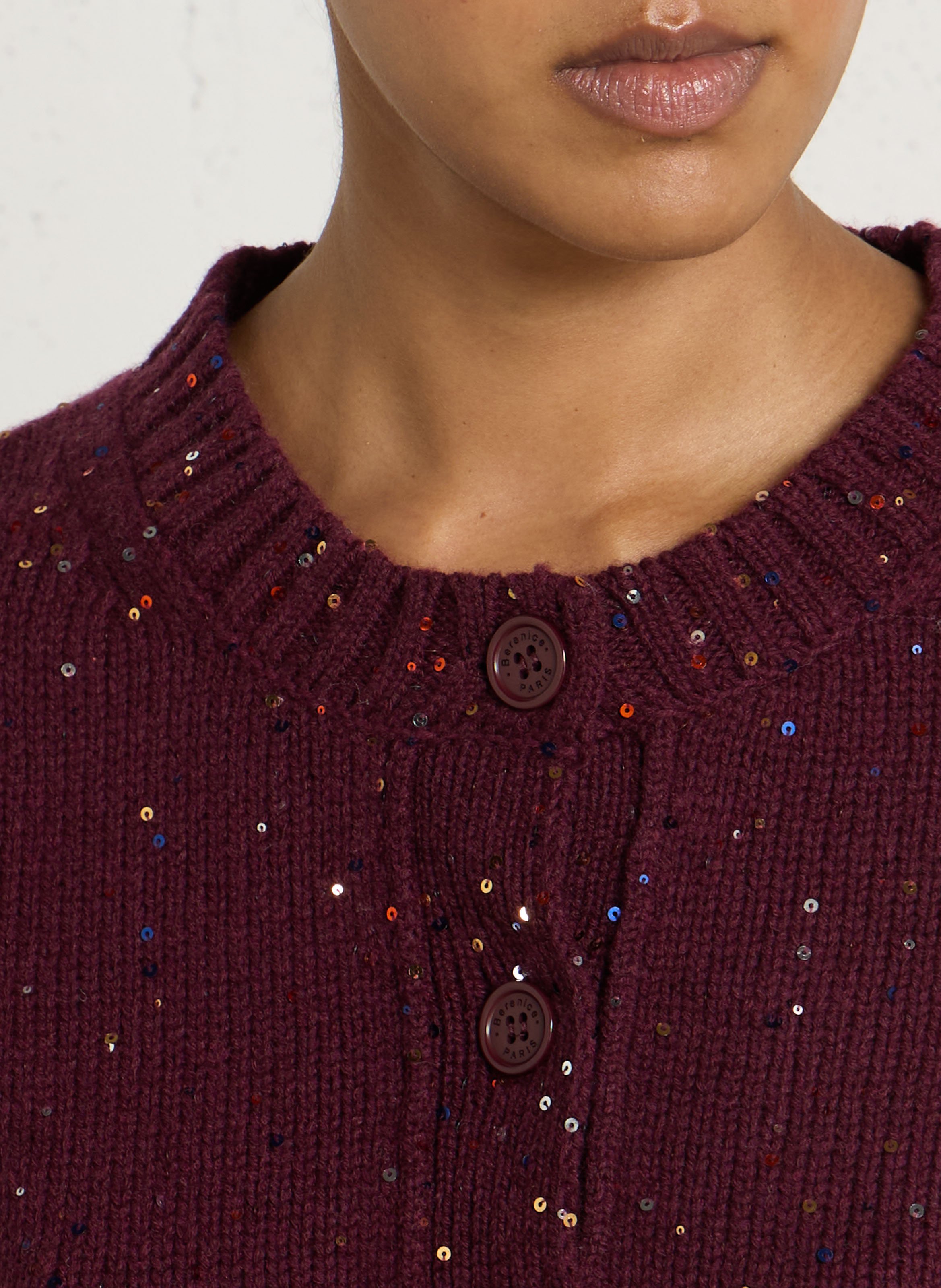 Pull manches courtes à sequins en laine BERENICE Prune