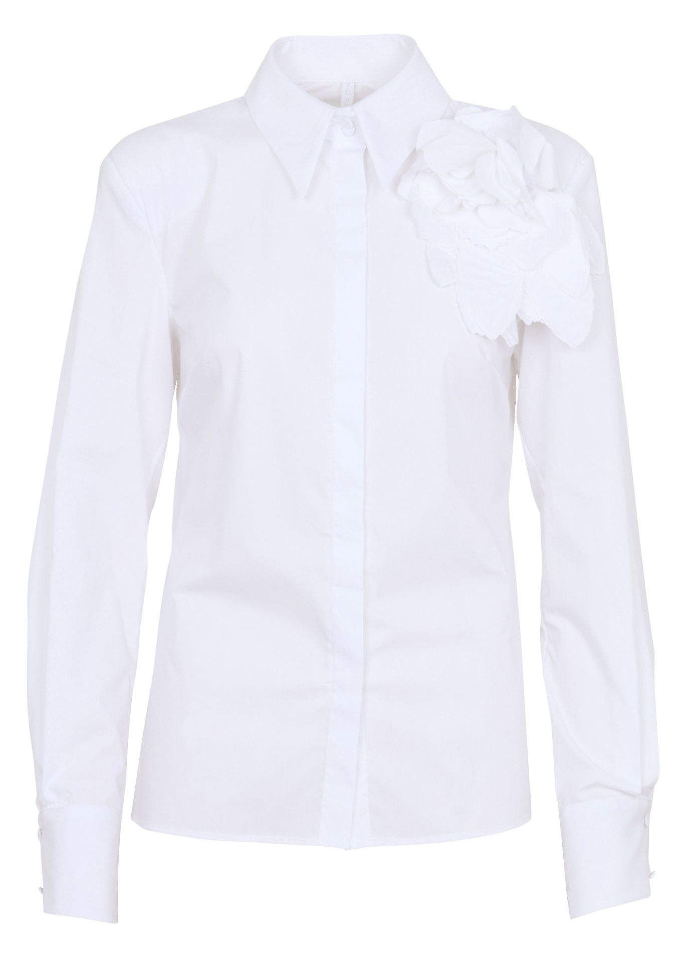 Taillierte Hemdbluse mit Schulterpolstern und Blumenbrosche aus Baumwolle IMPERIAL Weiss
