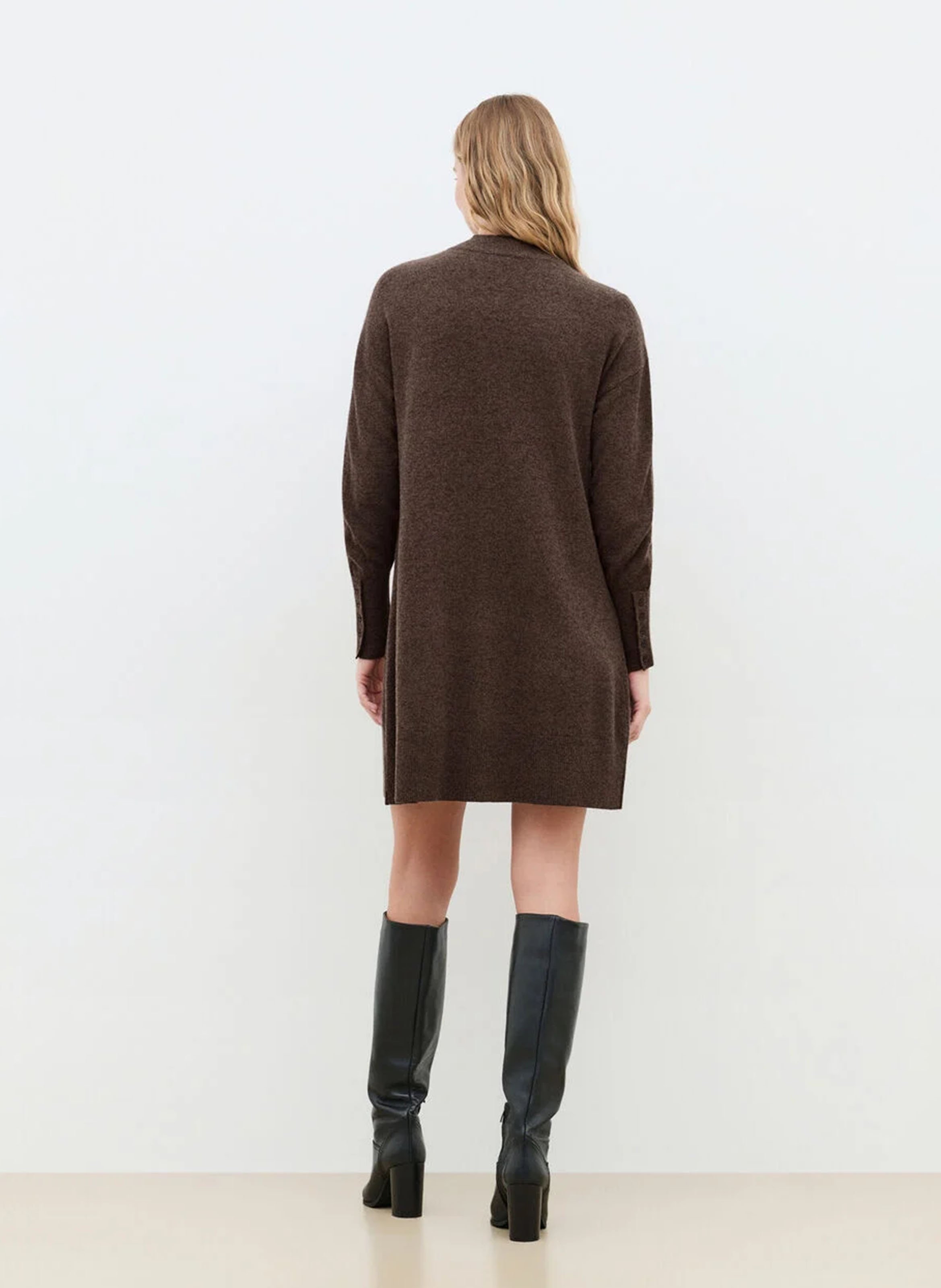 Robe courte col rond en laine mélangée CAROLL Marron