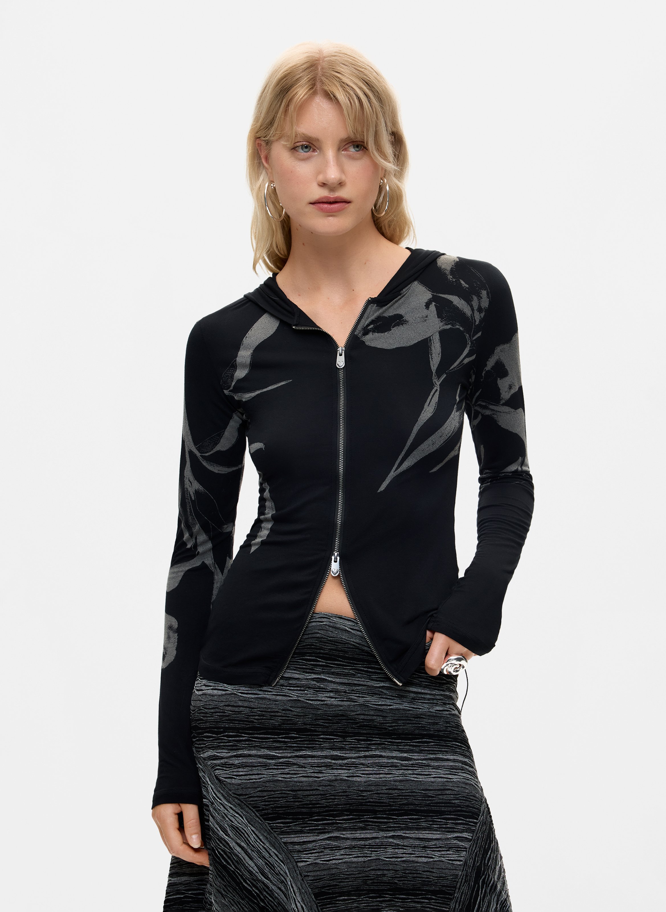 Aansluitende sweater met rits en motiefprint DESIGUAL Zwart