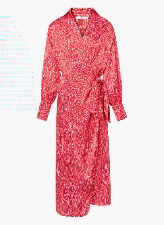 Red Long straight printed V neck wrap dress