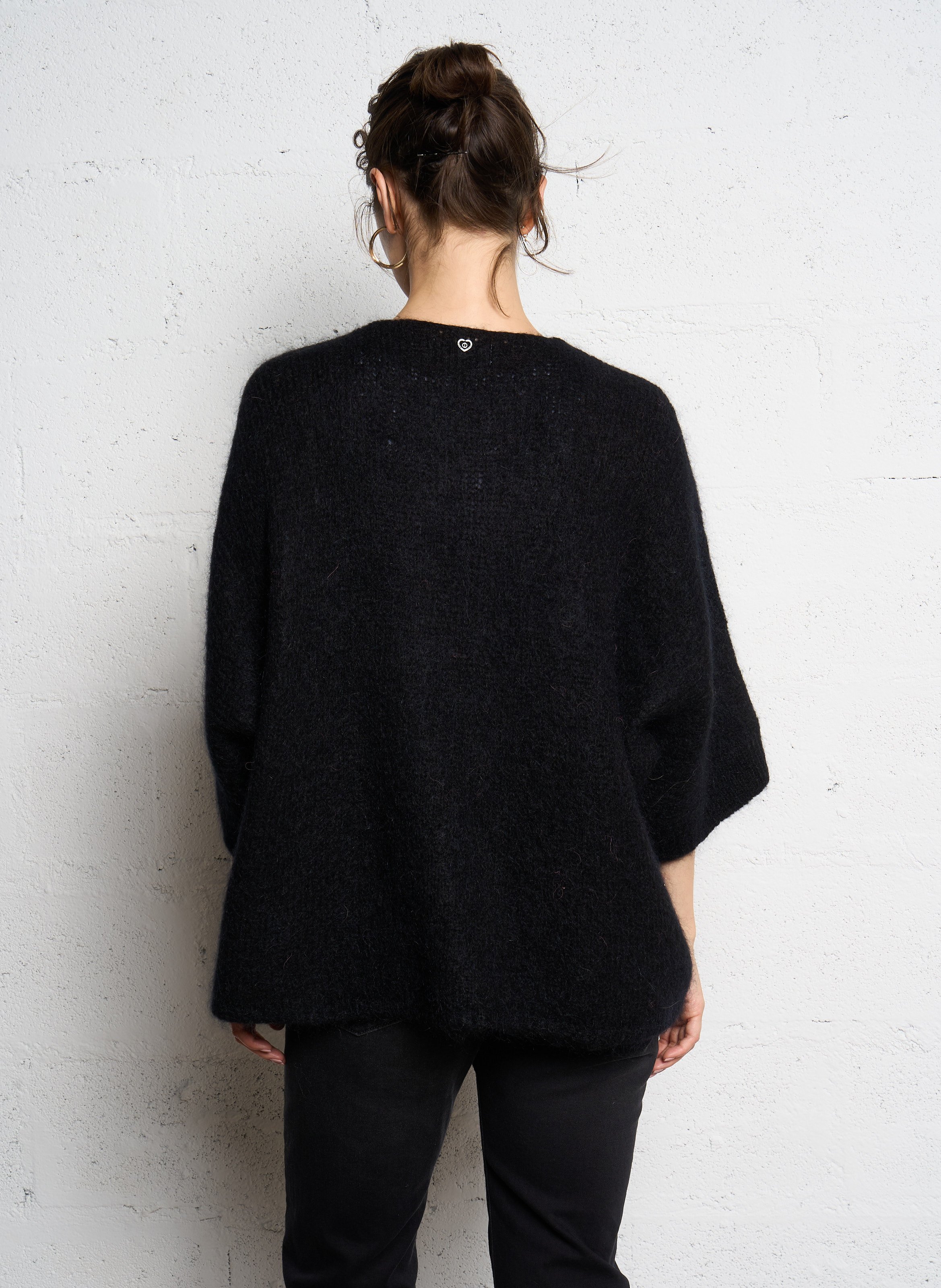 Loose-fitting V-neck cardigan in mixed knit PLEASE Black