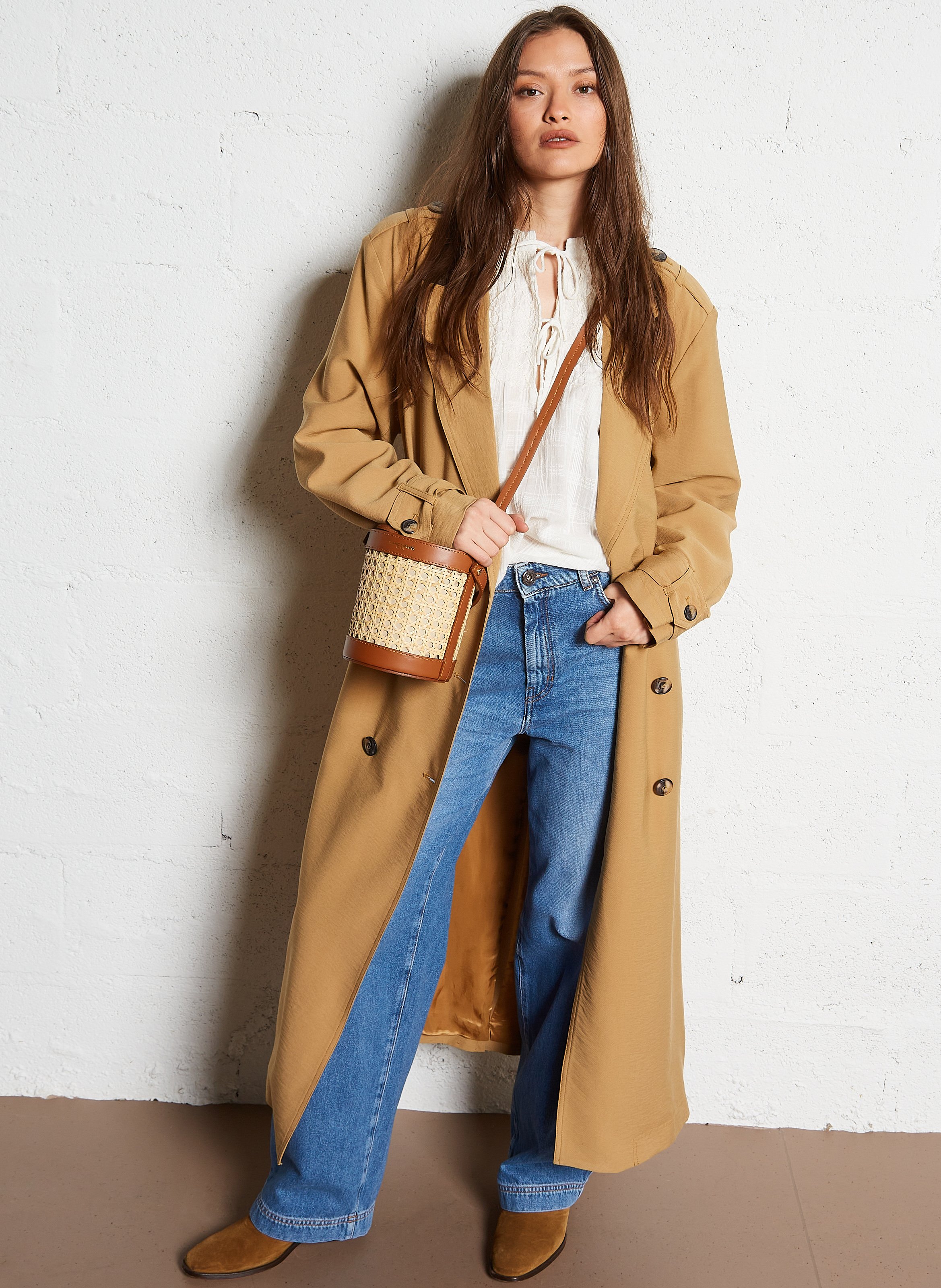 Sac seau en rotin et cuir Marron