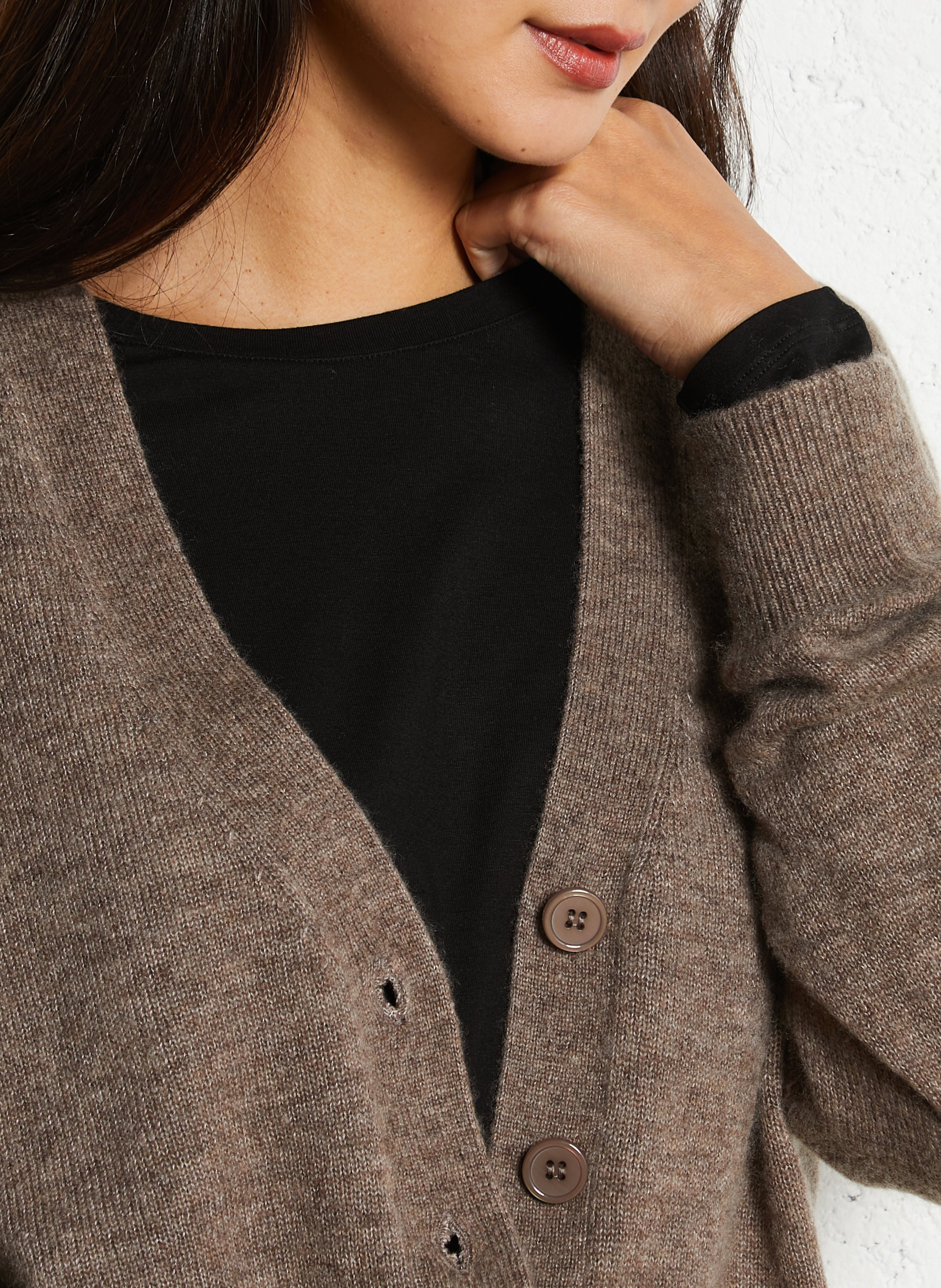 Gilet ample col V en laine, soie et cachemire MAJESTIC FILATURES Beige