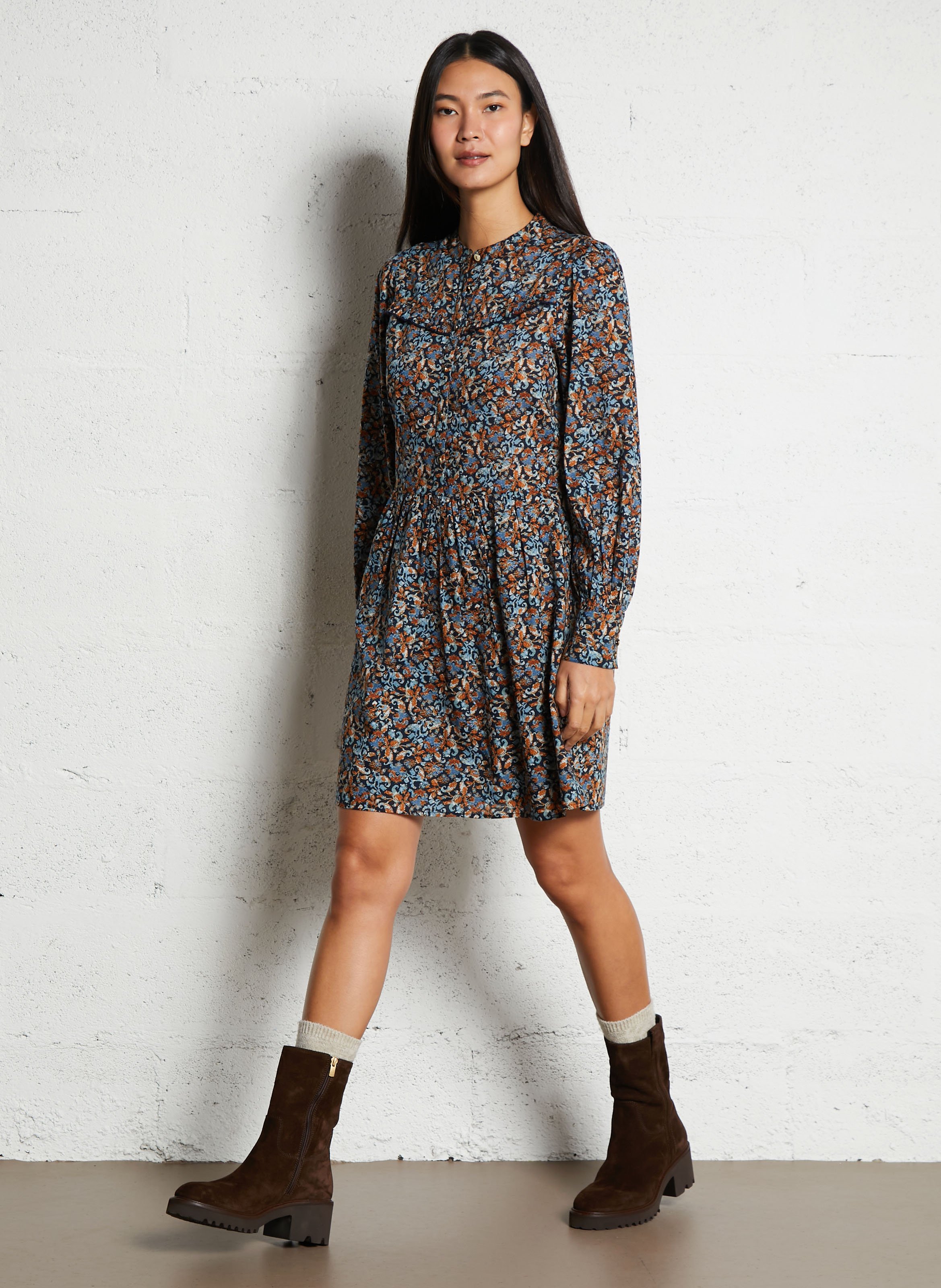 Short printed dress with round neckline I CODE Blue