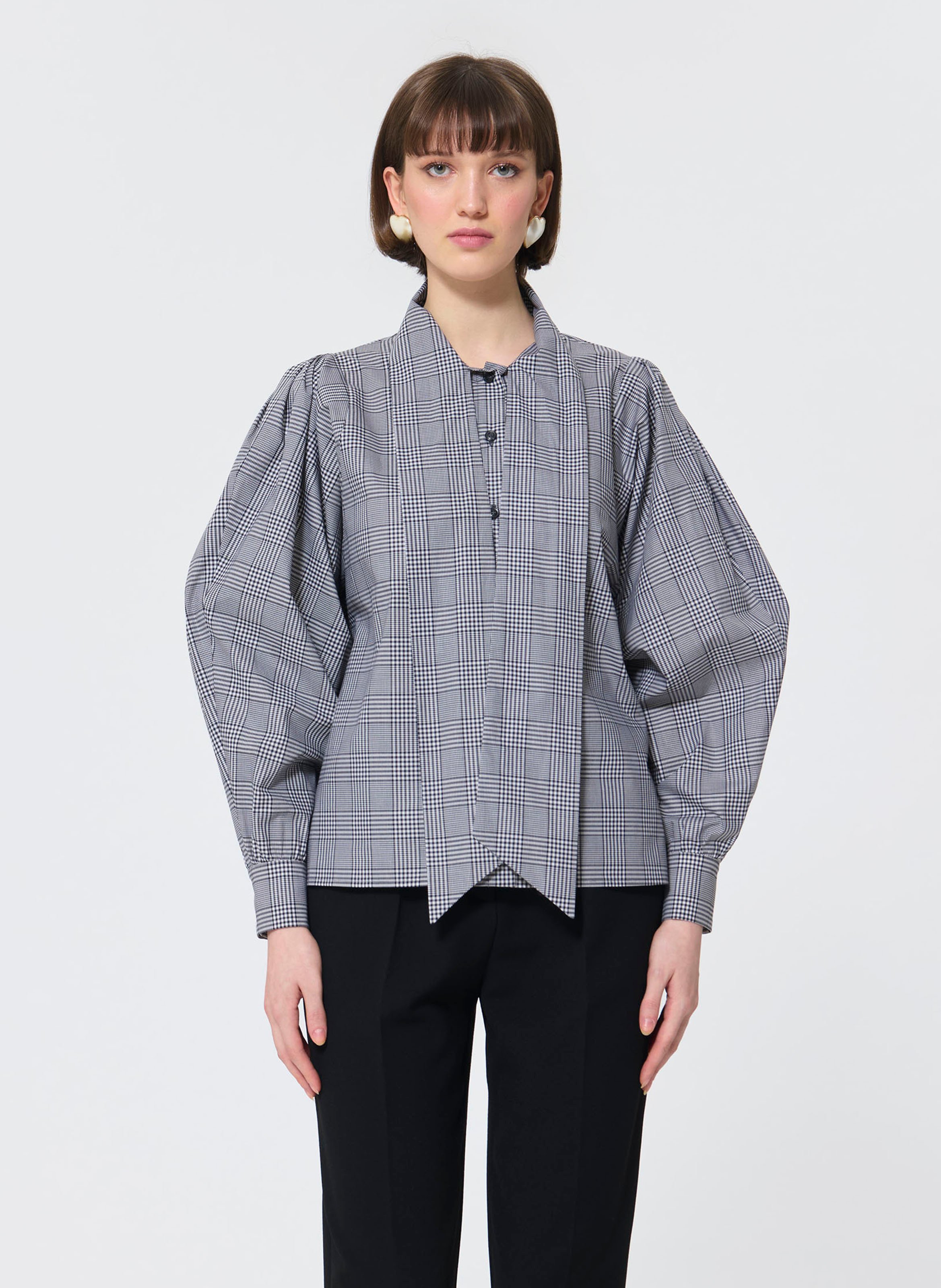 Check shirt with pussy-bow collar TARA JARMON Black
