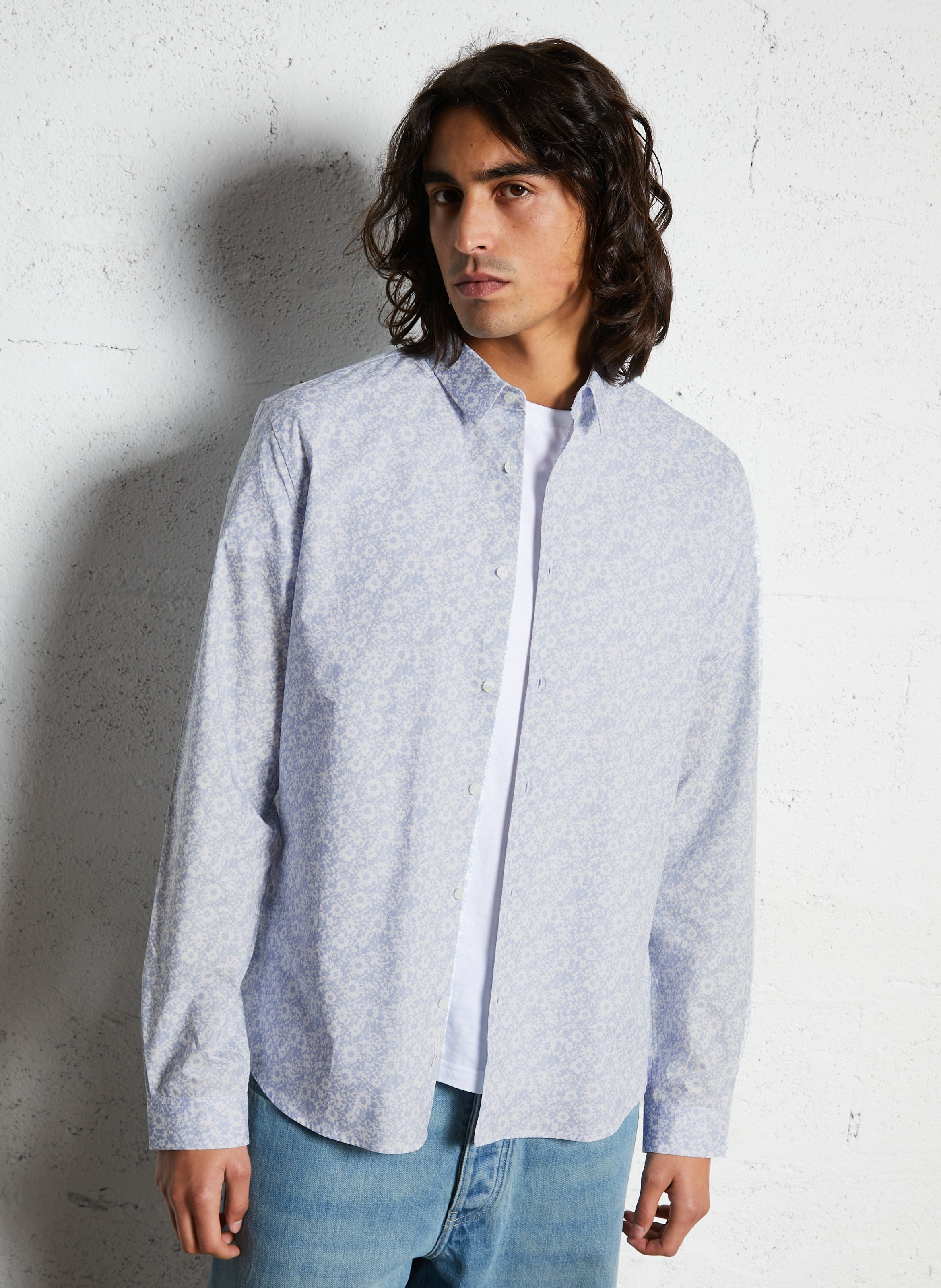 Chemise slim-fit col parisien imprimé fleuri en coton IKKS Bleu