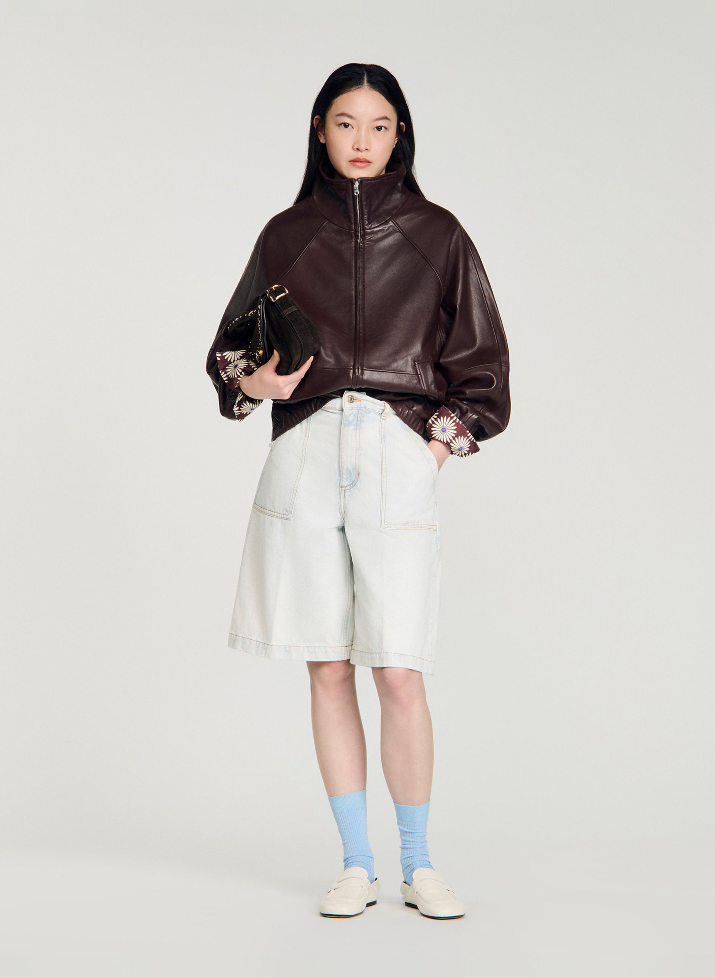 Leren jasje met opstaande kraag SANDRO Bruin