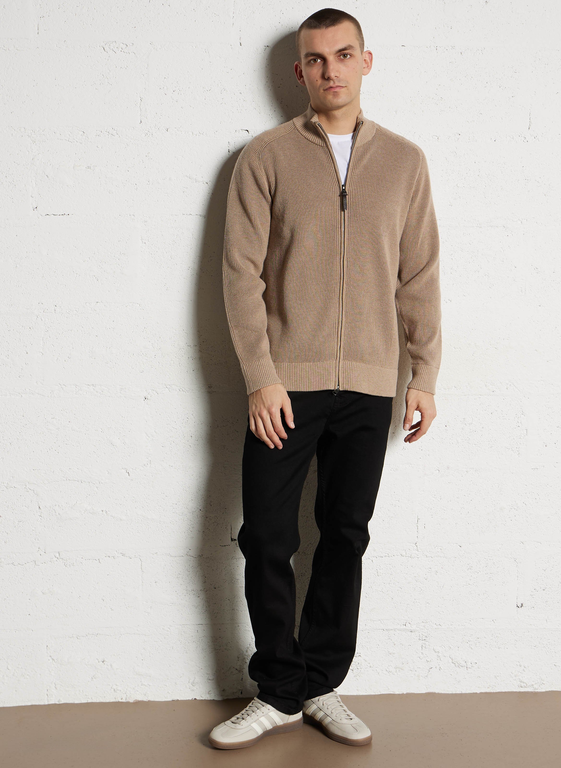 Geribbelde zip-up vest met opstaande kraag HACKETT Bruin