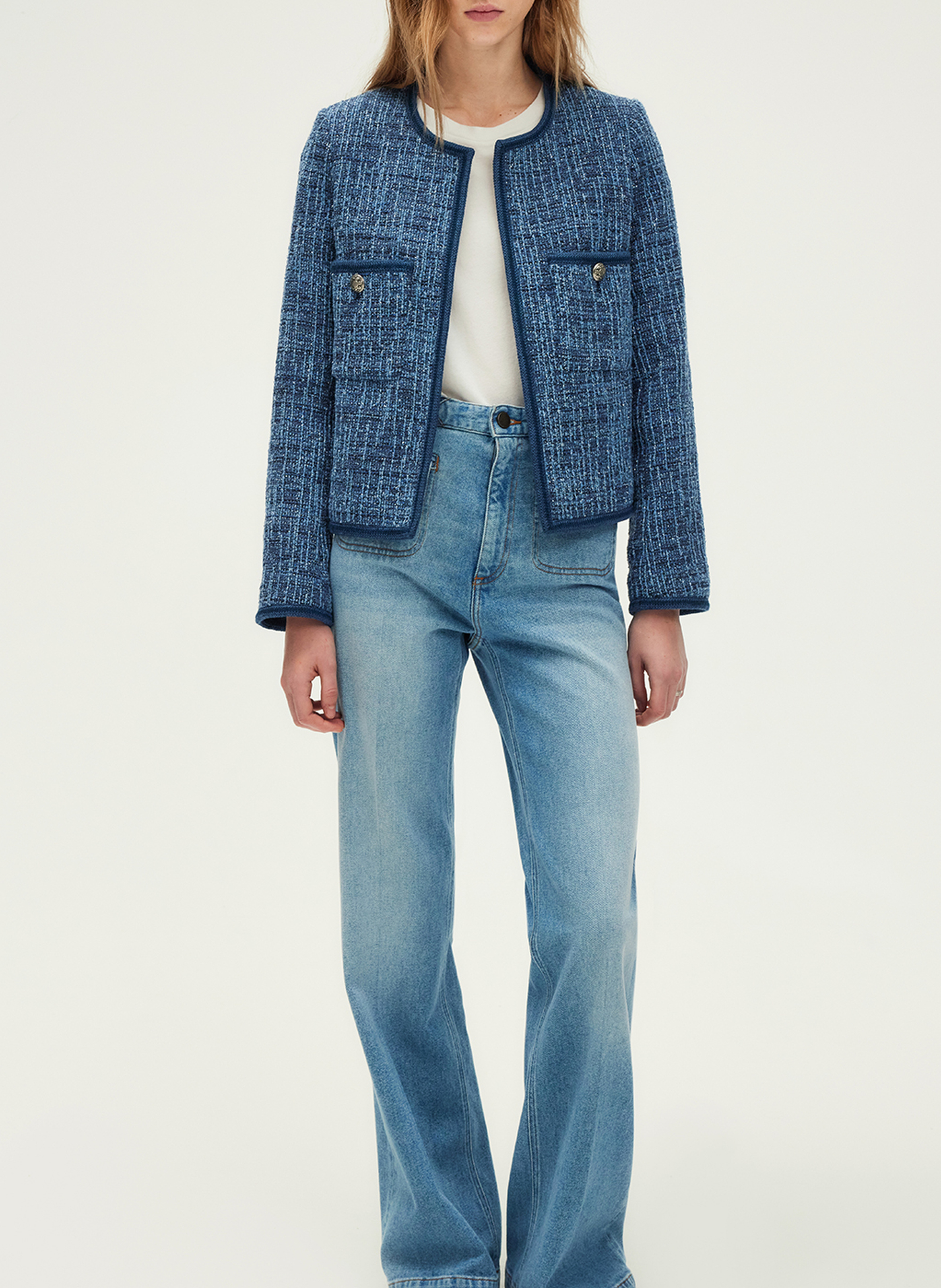 Veste droite col rond en coton mélangé PABLO Bleu