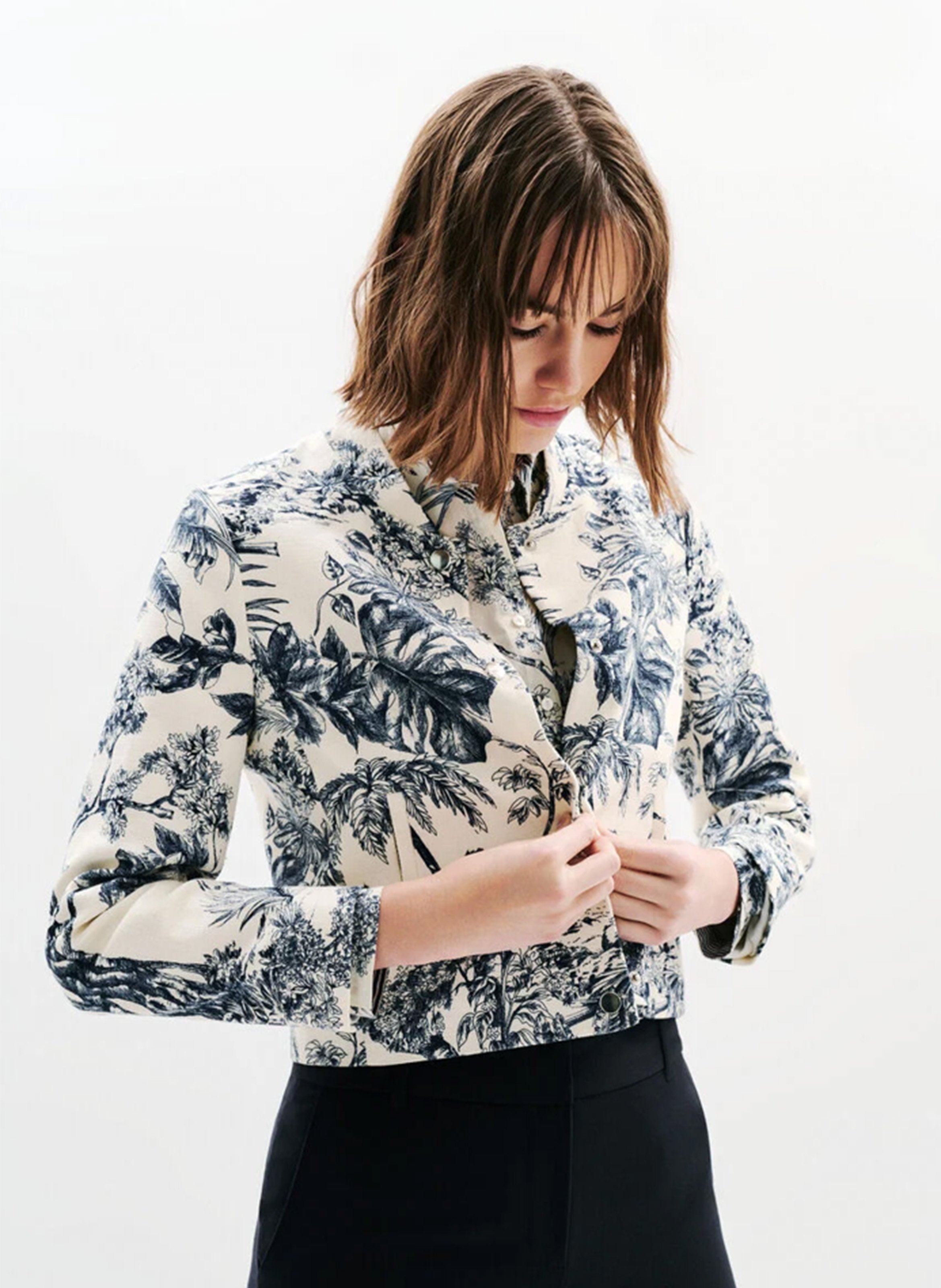 Mandarin collar jacket with botanical print CAROLL Blue