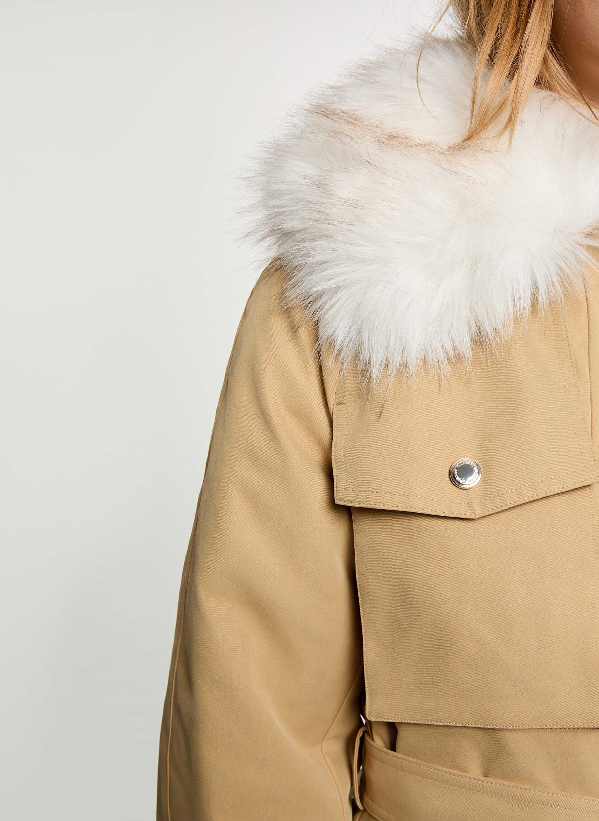 Parka droite ceinturée à col effet fourrure MORGAN Beige