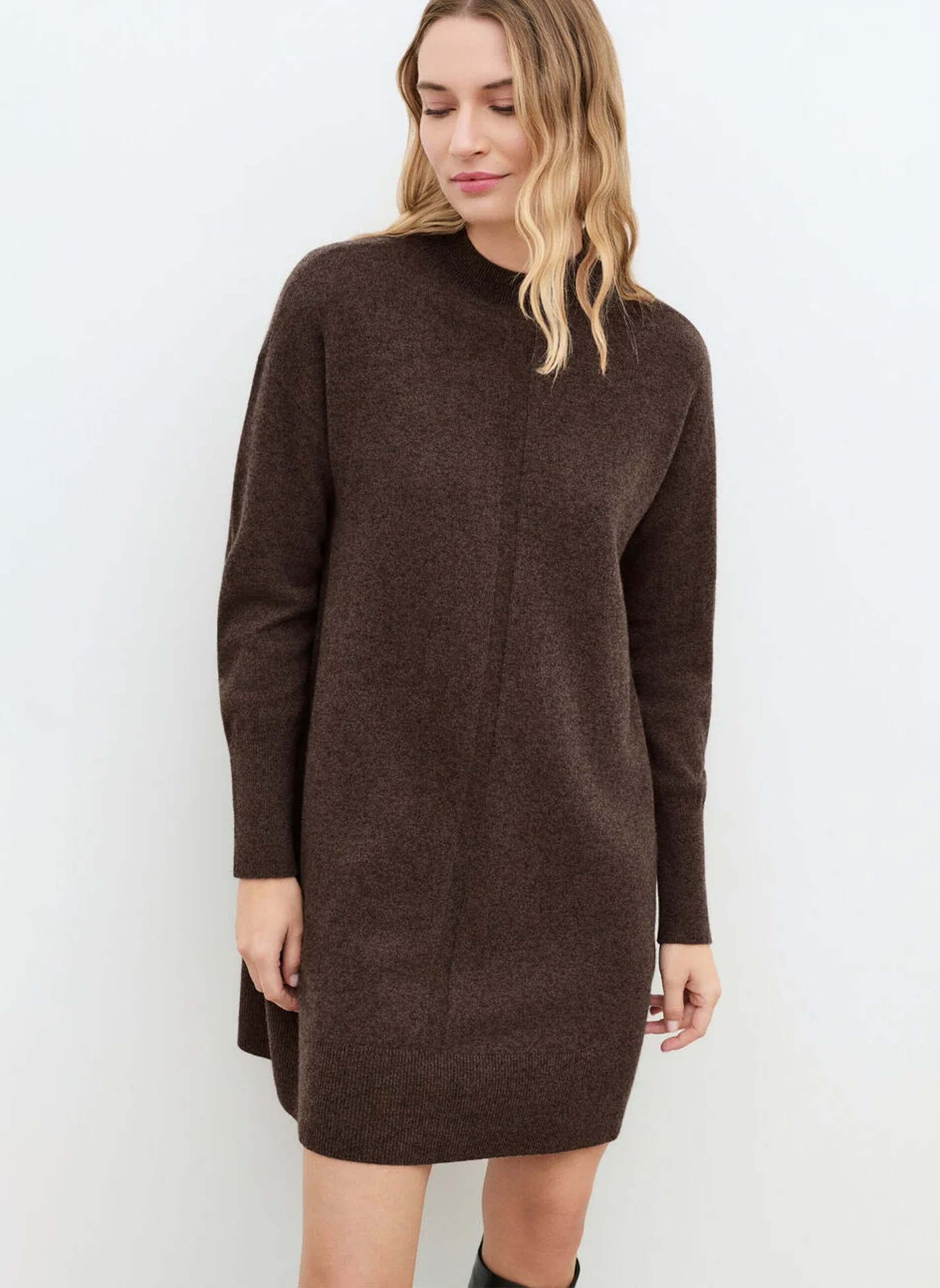 Robe courte col rond en laine mélangée CAROLL Marron