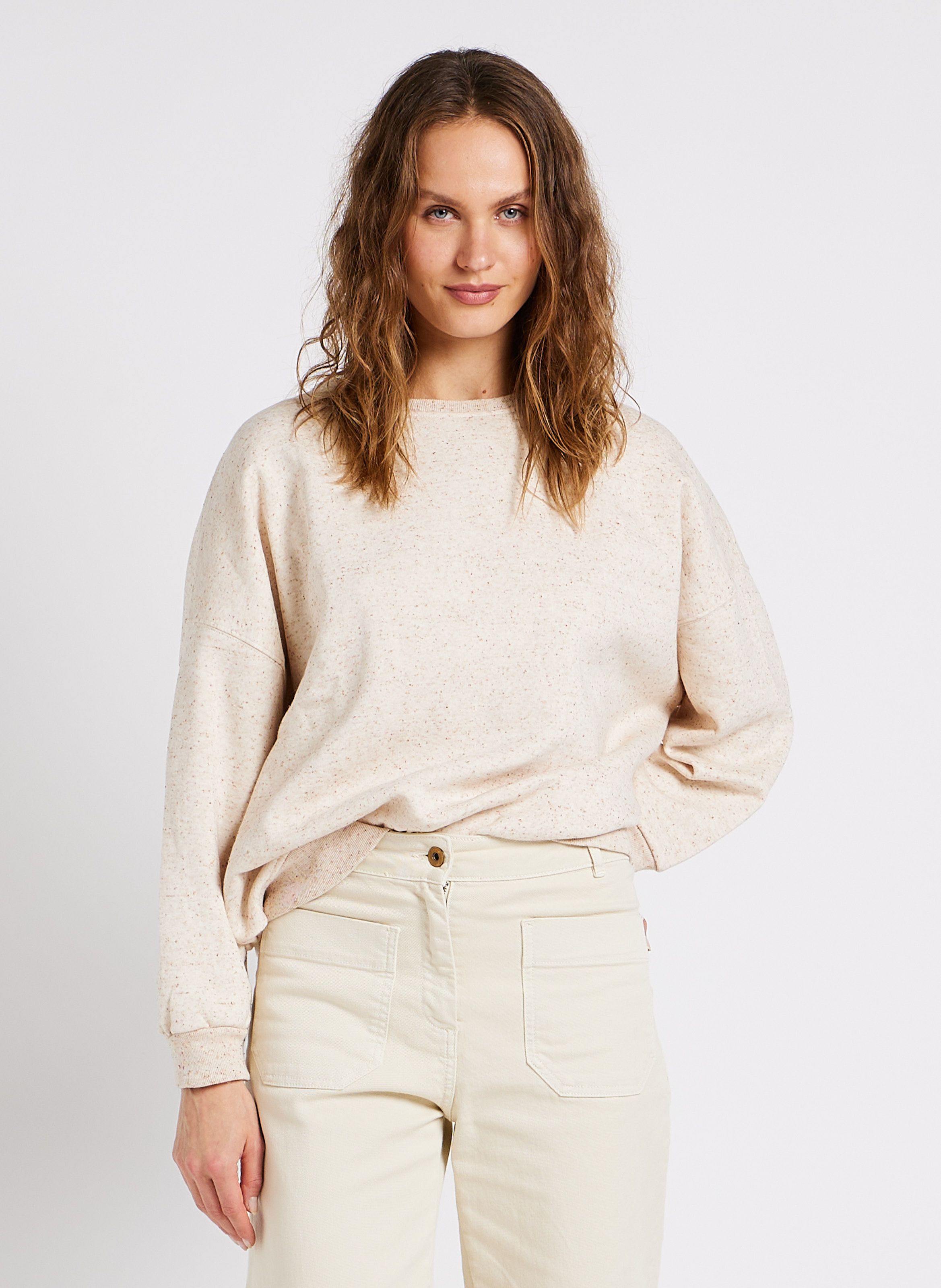 Beige Oversized round neck cotton blend sweater