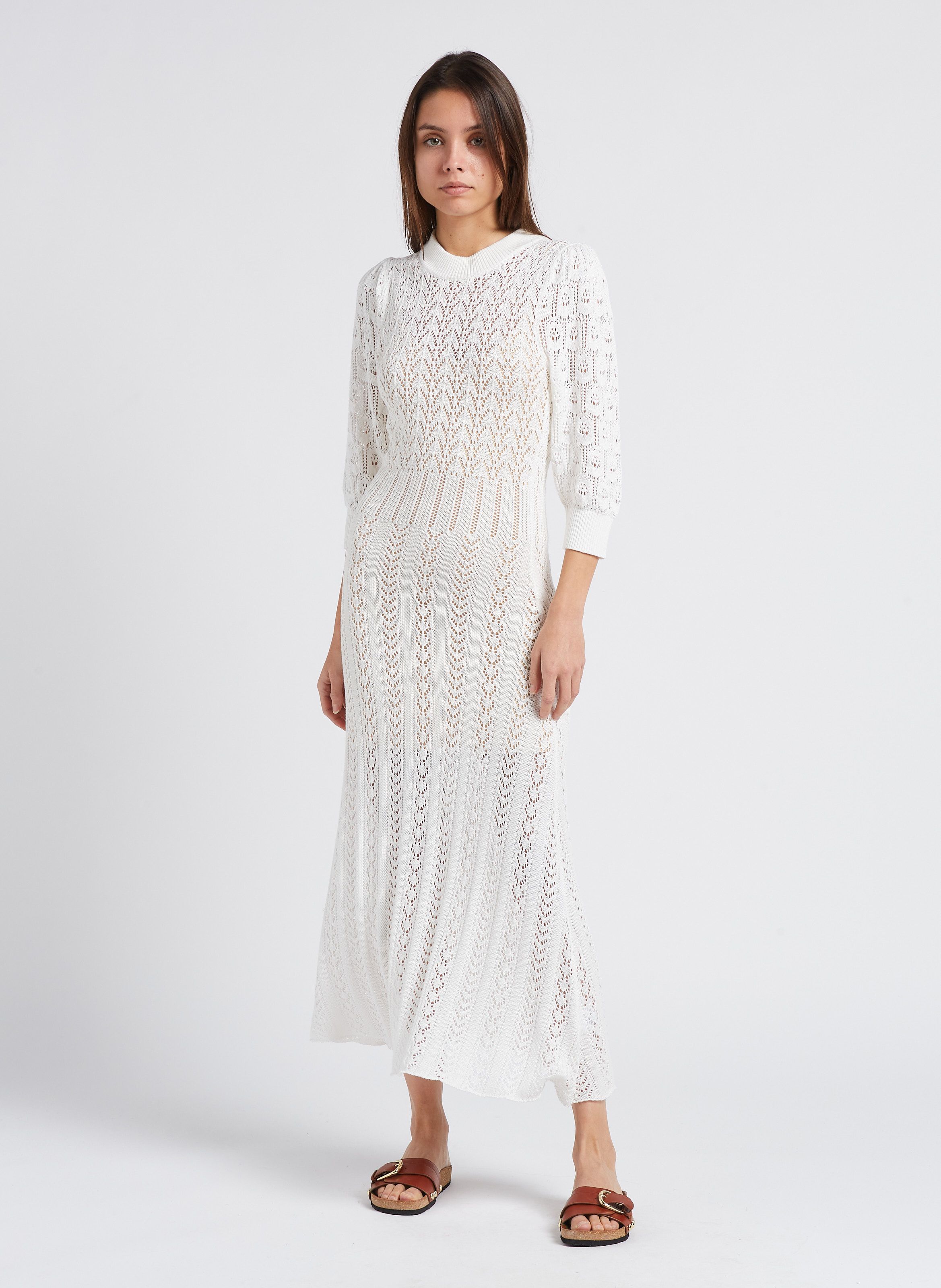 Robe longue col rond en maille ajour e Blanc