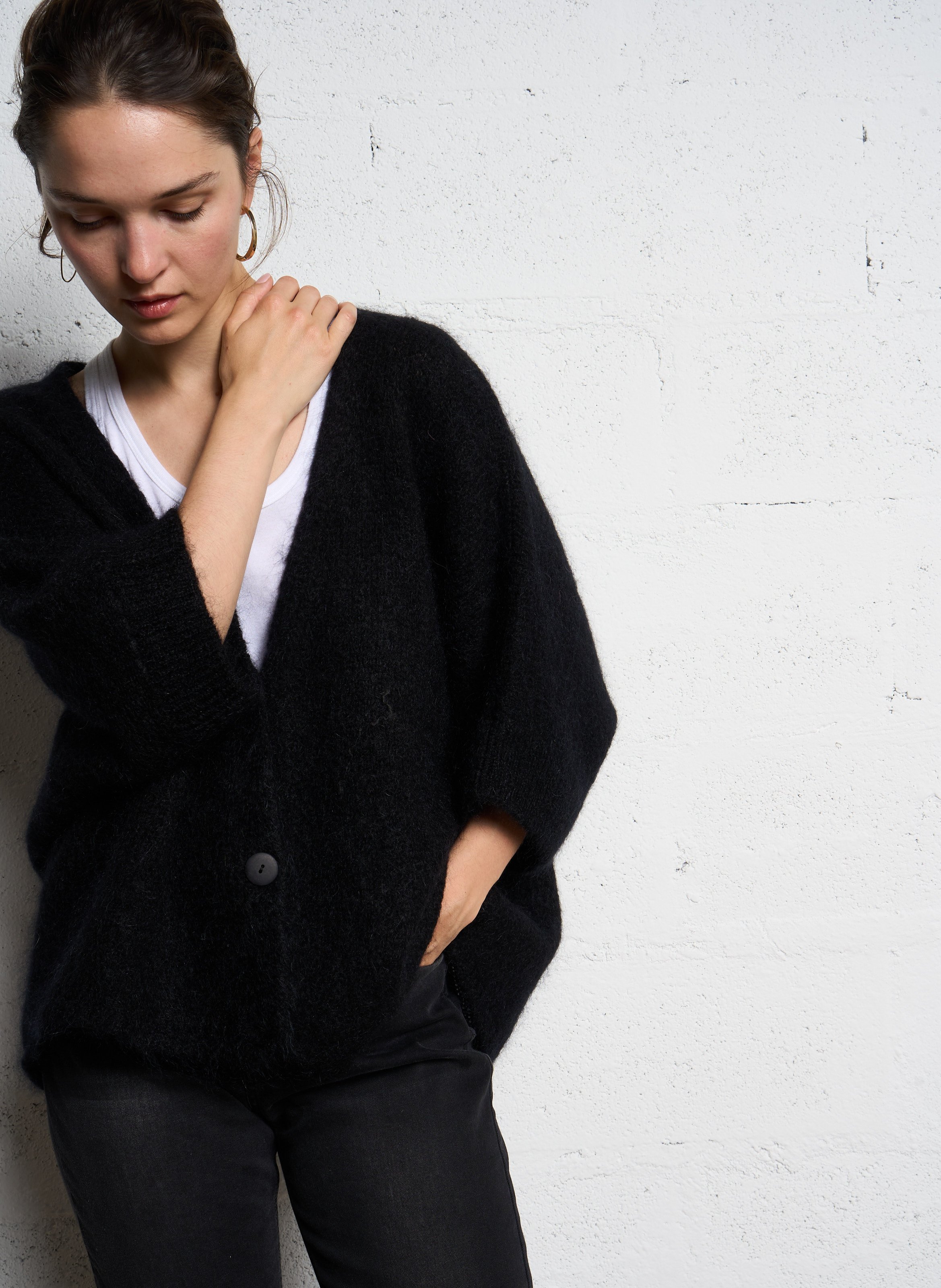 Gilet à col V ample en maille mélangée PLEASE