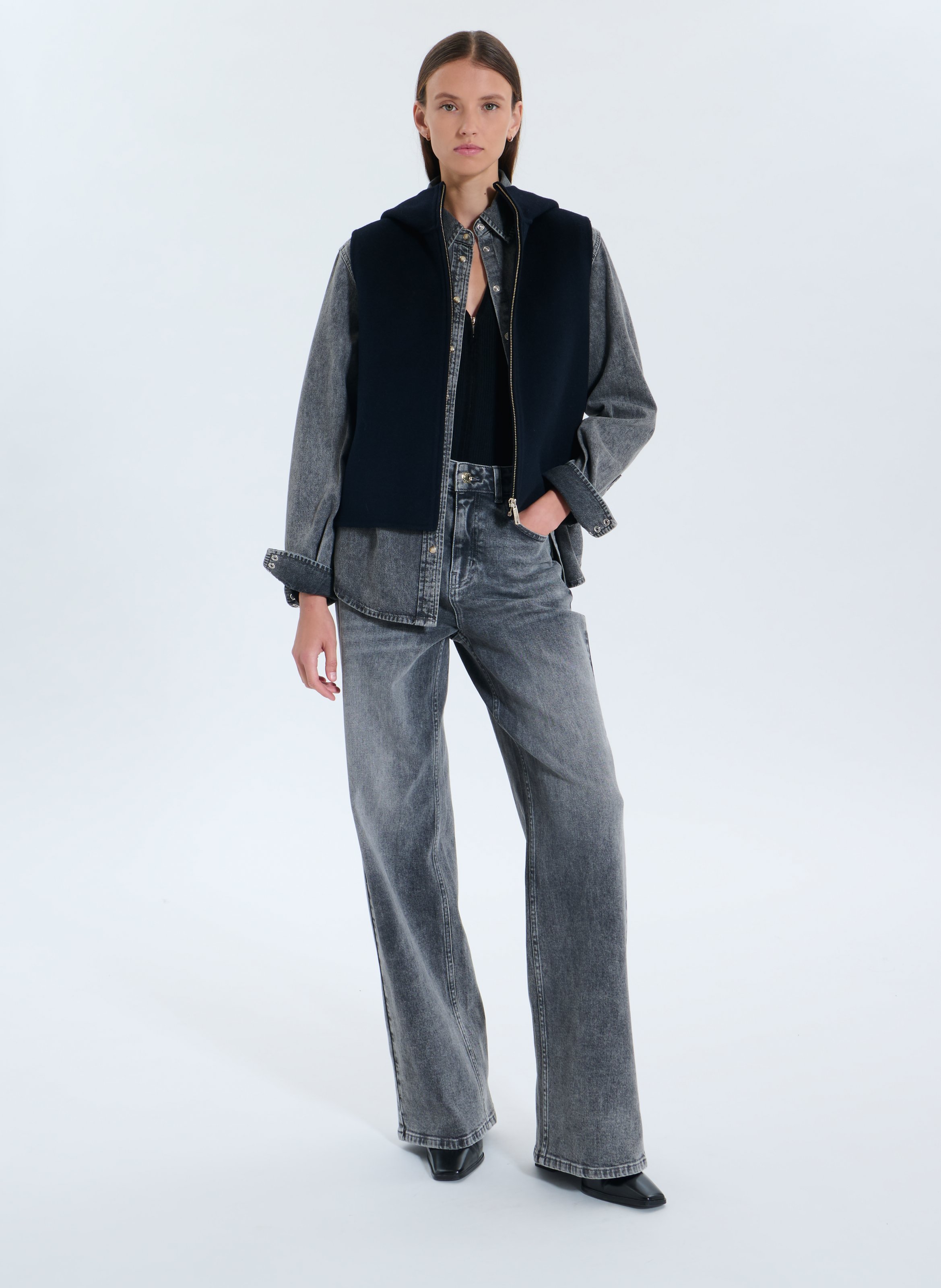 Gilet à capuche droit en laine mélangée ZAPA Bleu