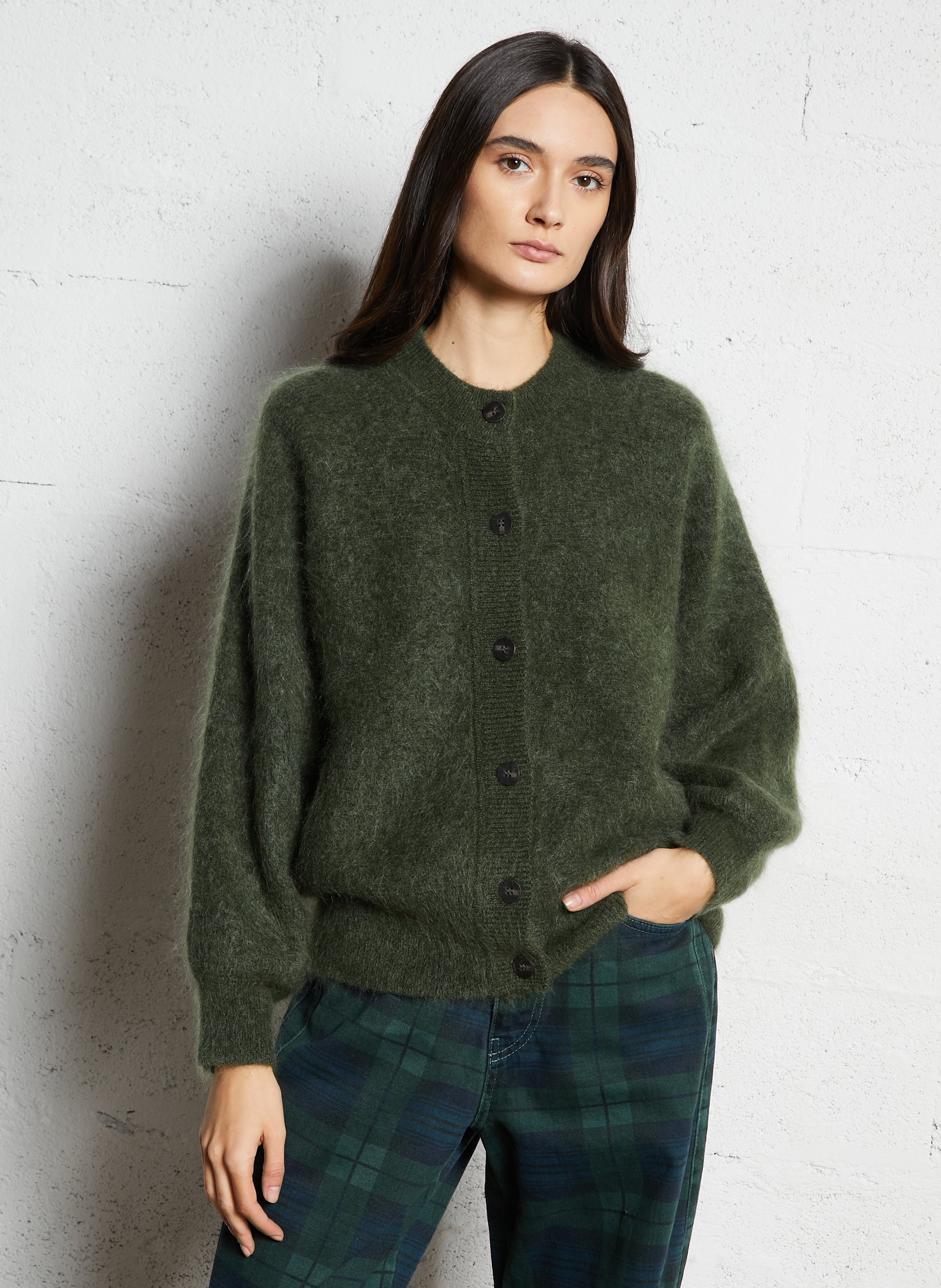 Round-neck mixed-knit cardigan MAISON 123 Green