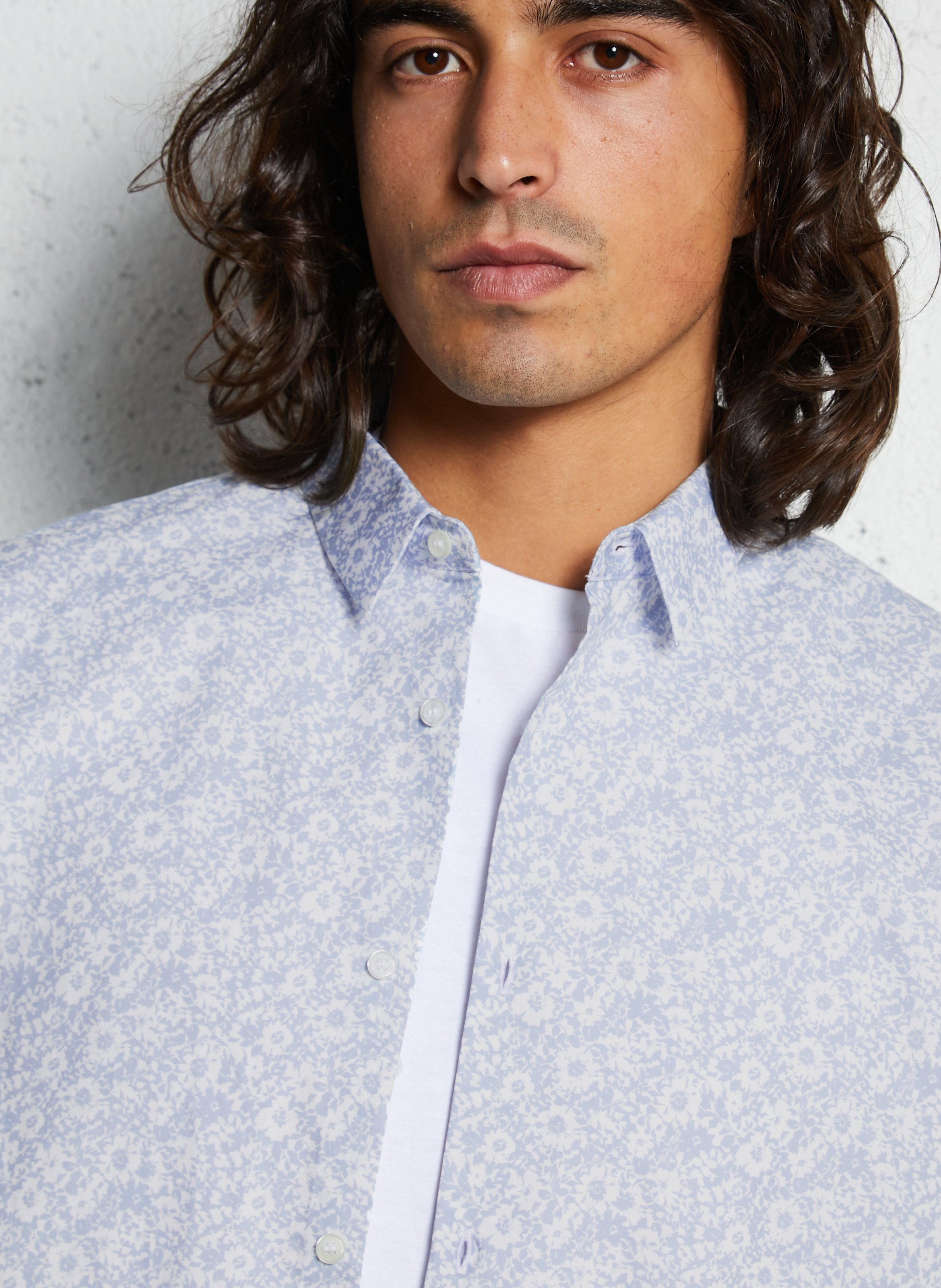 Chemise slim-fit col parisien imprimé fleuri en coton IKKS Bleu