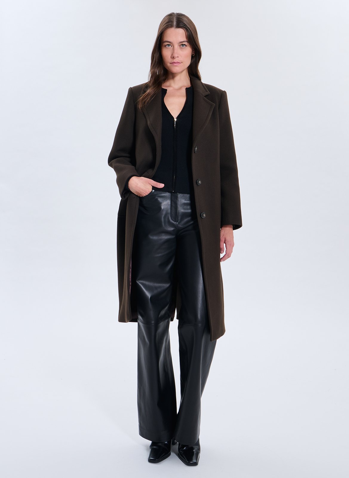 Manteau long droit en laine mélangée ZAPA Marron