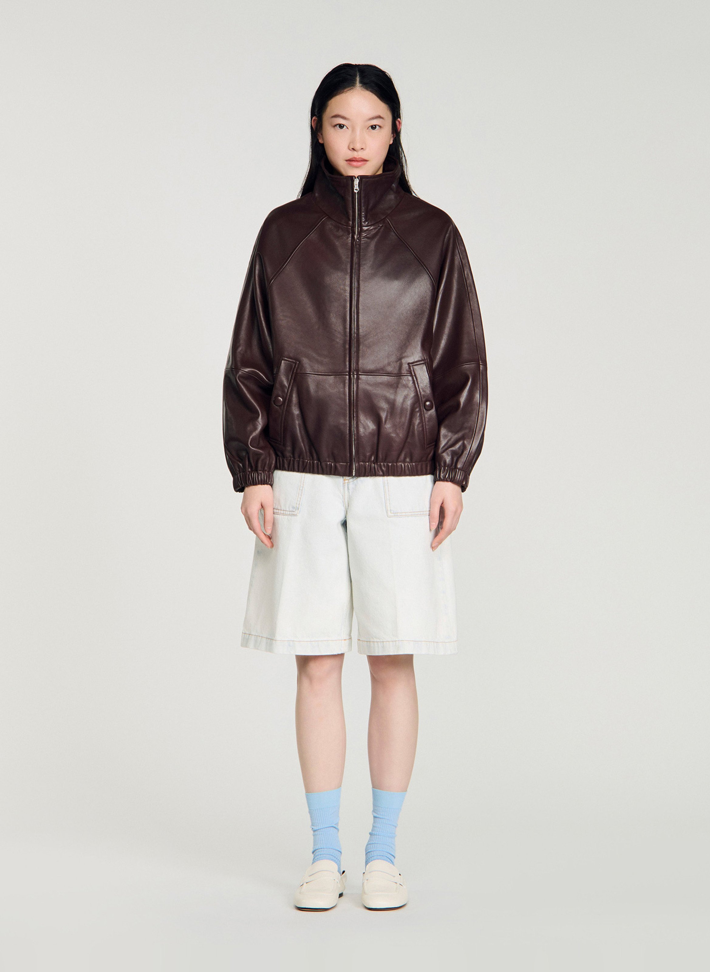 Leren jasje met opstaande kraag SANDRO Bruin