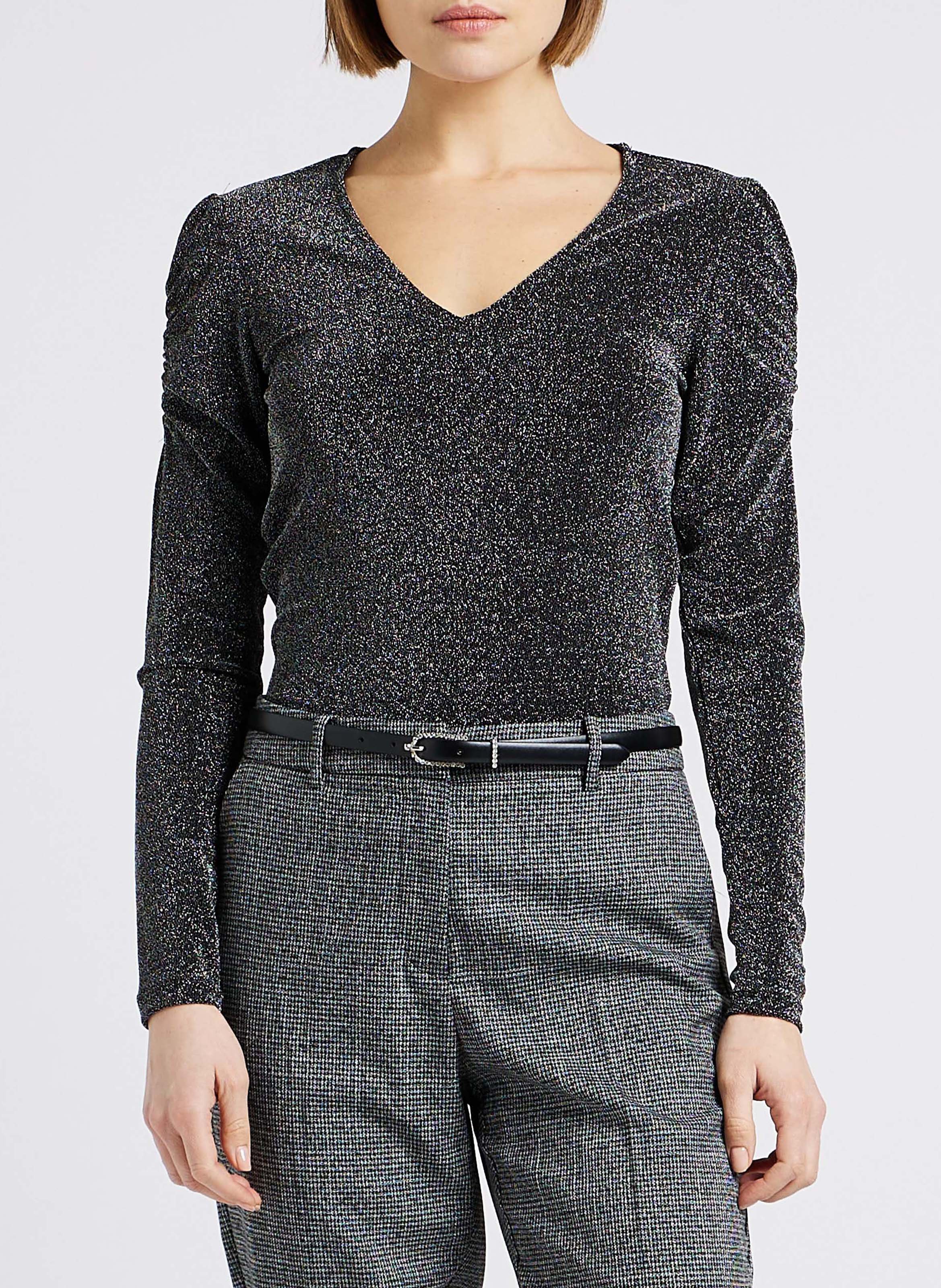 Top droit encolure V effet métallisé VILA Noir