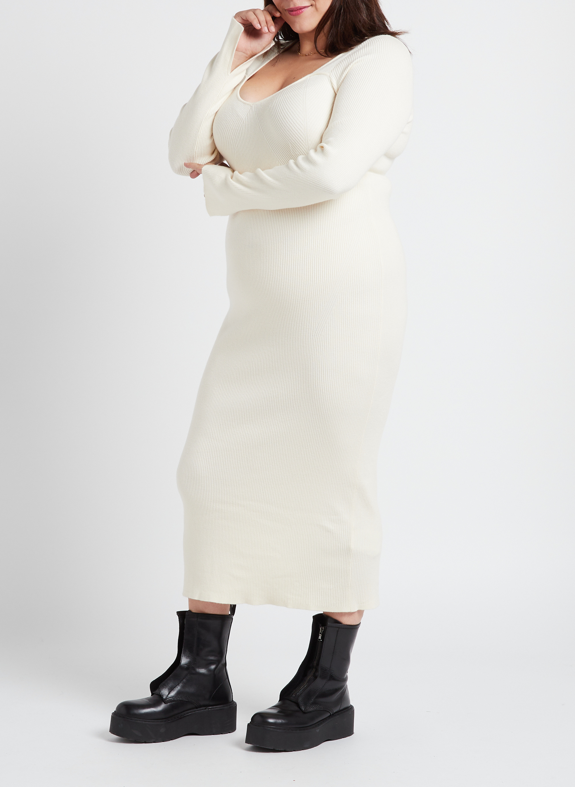 Robe longue col rond en maille côtelée  GINA TRICOT Blanc