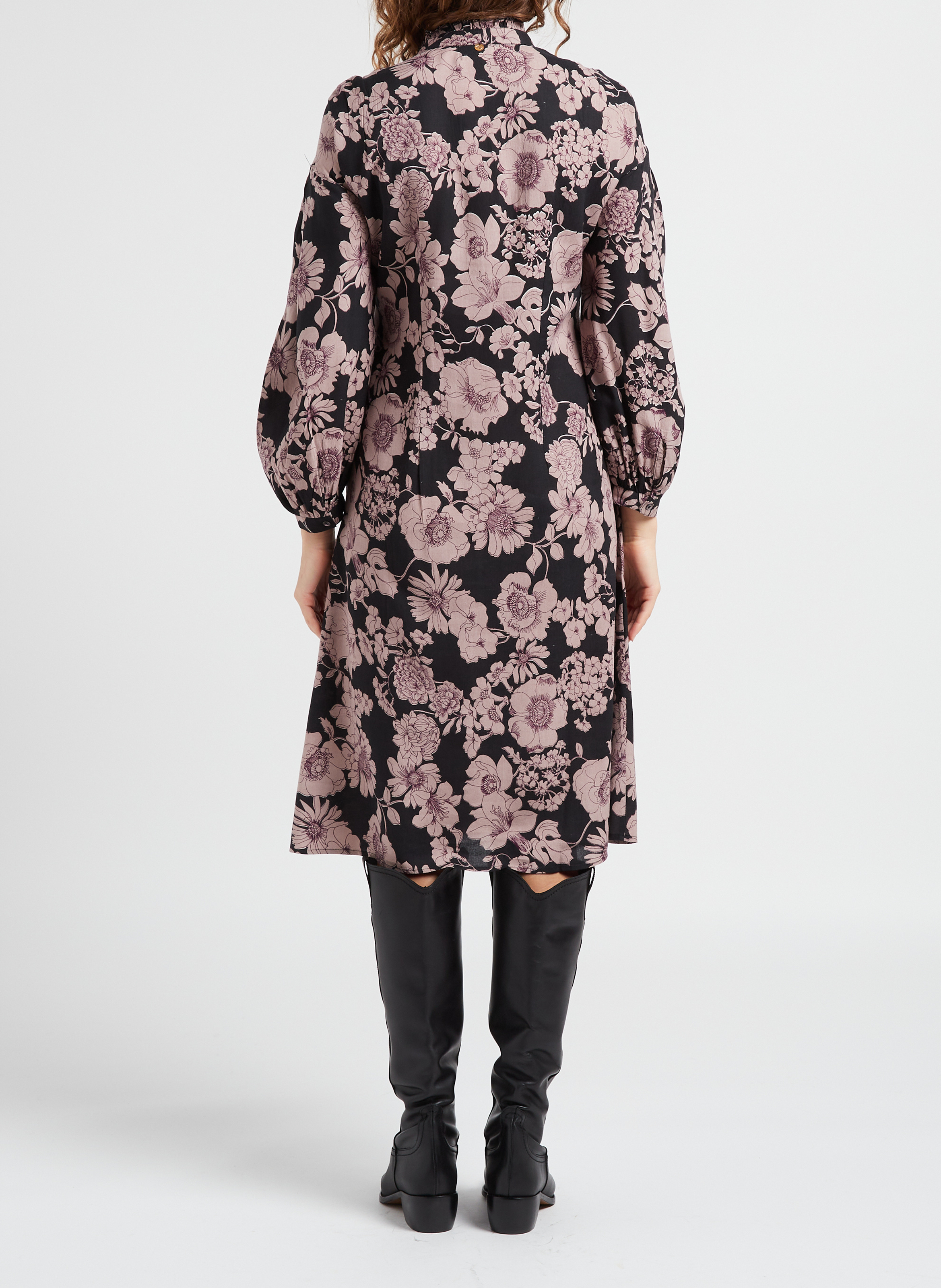 Robe mi-longue col rond à imprimé floral ANTIK BATIK Noir