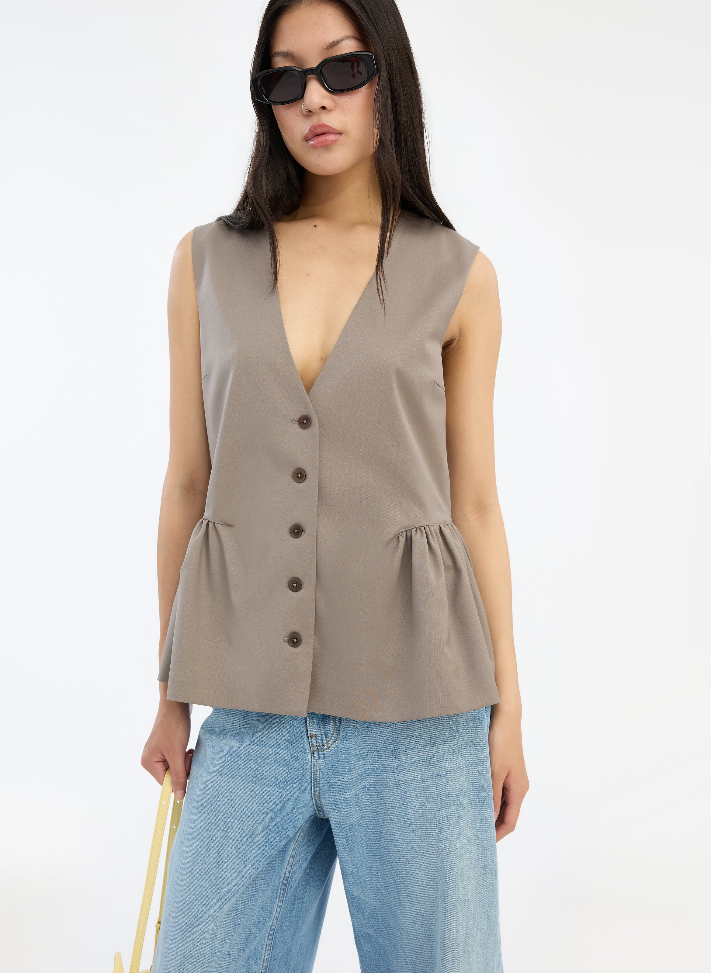 Top sans manches froncé uni ROTATE Beige